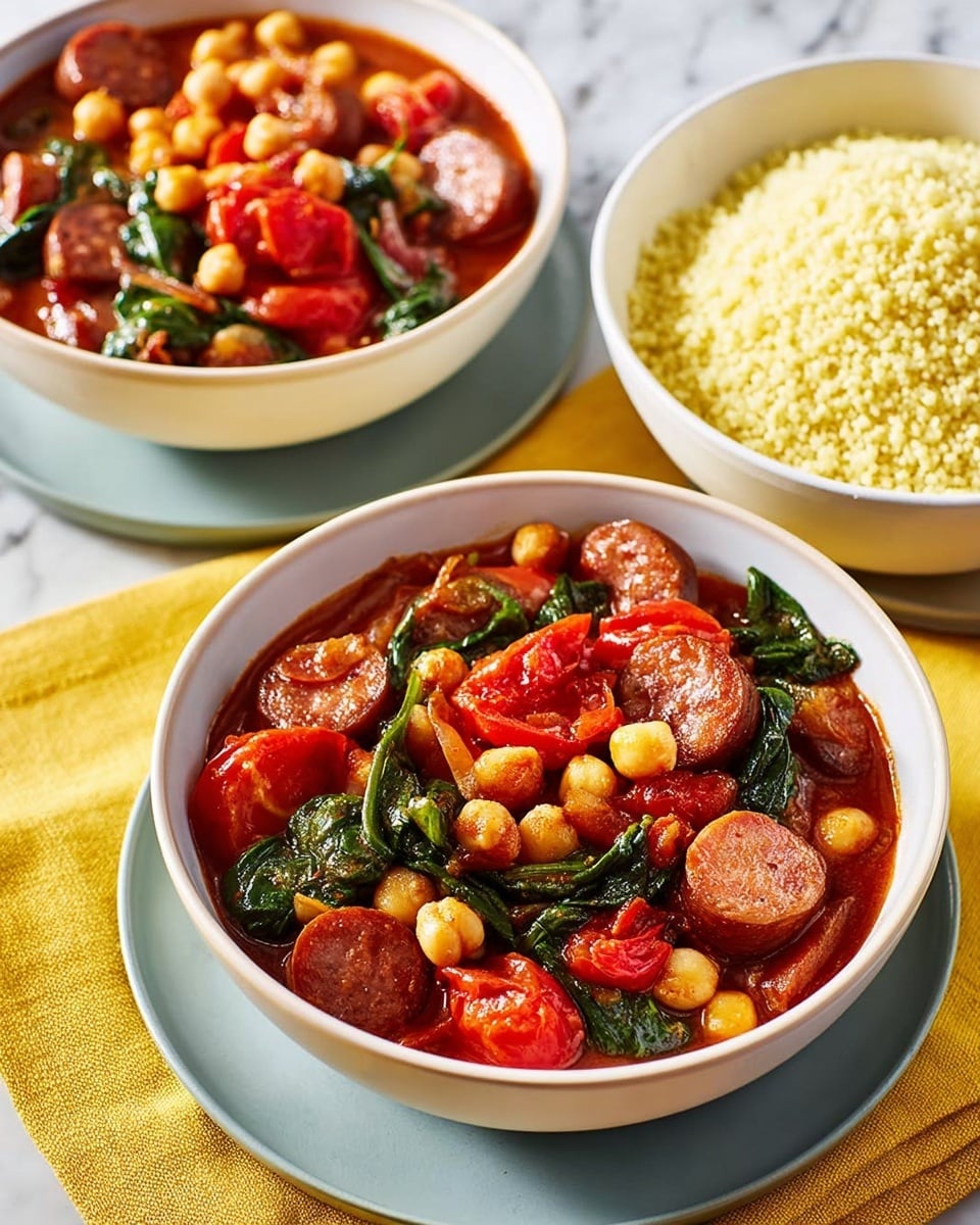 Two white bowls filled with a stew of sliced brown sausage, whole beige chickpeas, halved bright red cherry tomatoes, and dark green spinach leaves in a rich red sauce. Each bowl sits on a light gray saucer, placed on a yellow cloth over a white marbled surface. A separate white bowl with light yellow cooked couscous is also visible. Photo taken with an iphone --ar 4:5 --v 7