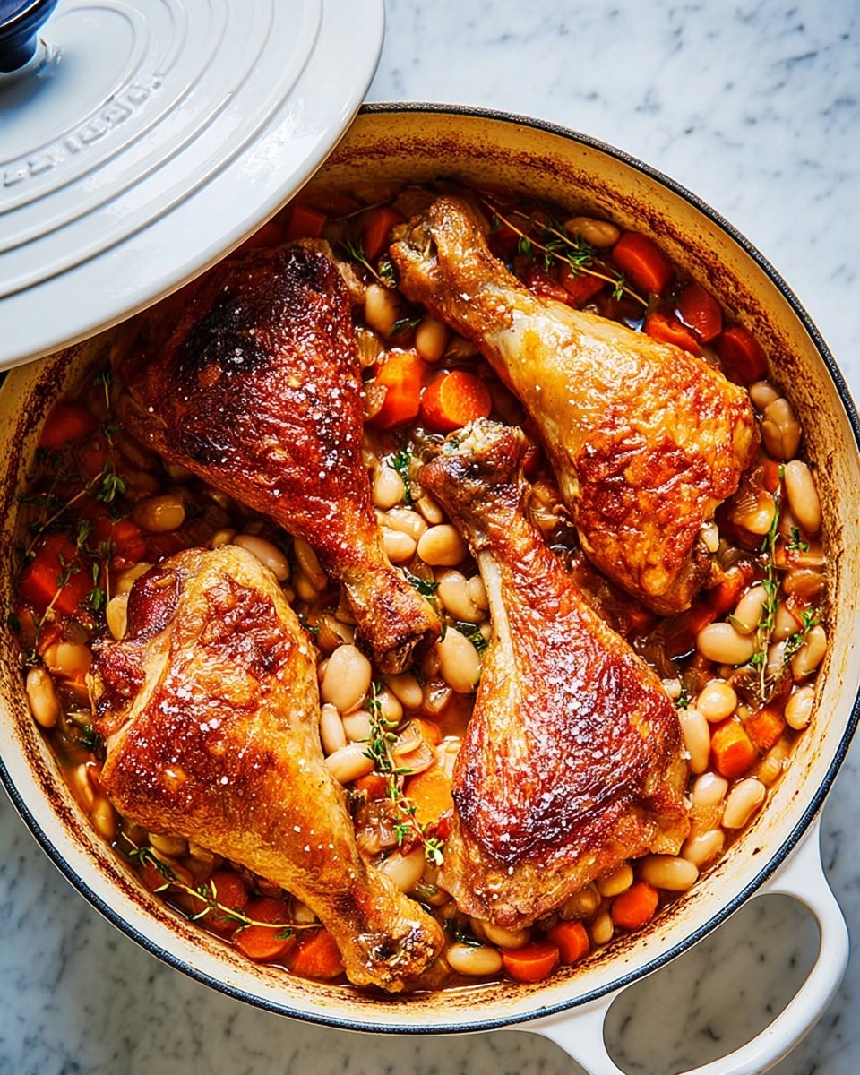 The image shows a round white pot with a lid partially open, revealing three large golden-brown roasted chicken legs arranged on top. Underneath the chicken legs is a layer of cooked white beans mixed with round orange carrot slices and some small green herb sprigs, creating a colorful base. The chicken skin looks crispy and shiny with a lightly salted texture. The pot sits on a surface with a white marbled texture. photo taken with an iphone --ar 4:5 --v 7