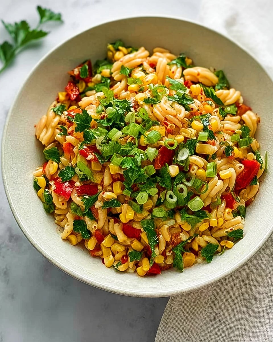 The image shows a white bowl filled with a colorful salad made of small pasta, corn, fresh green parsley, chopped red bell peppers, and green onions scattered on top. The small pasta pieces are pale yellow-orange, mixed with bright yellow corn and red pepper bits, while the green parsley and onions add a fresh, lively touch all over. The bowl is placed on a white marbled surface with a light-colored cloth nearby. The photo taken with an iphone --ar 4:5 --v 7