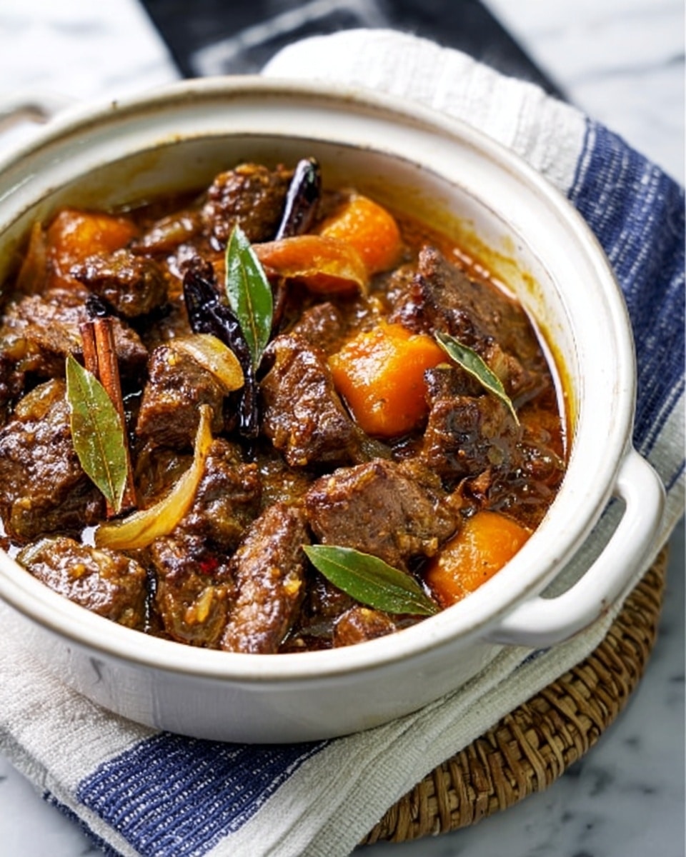 The image shows a white ceramic pot filled with a rich meat stew. The stew has chunks of browned meat mixed with orange carrot slices and dark brown sautéed onions. There are also green bay leaves and some sticks of cinnamon visible, adding texture and color contrast. The pot sits on a woven coaster with a white cloth featuring blue stripes beneath it, all placed on a white marbled surface. Photo taken with an iphone --ar 4:5 --v 7