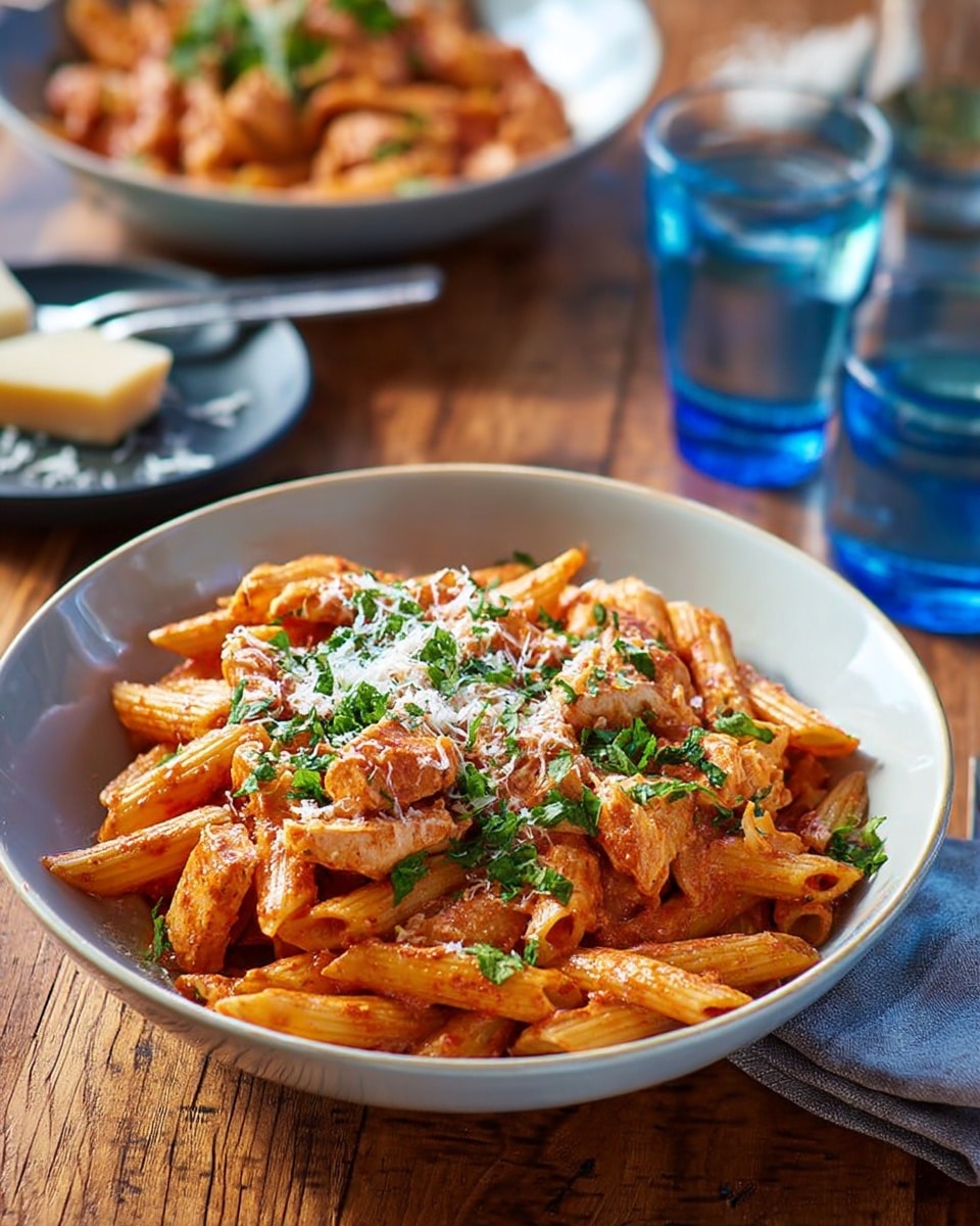A deep white bowl holds a serving of penne pasta in a creamy red sauce mixed with chunks of light brown chicken. Bright green chopped herbs are sprinkled over the top, along with fine white grated cheese. The penne is coated evenly with sauce, showing ridged textures and a warm reddish-orange color. The bowl sits on a wooden table with a blue glass of water beside it on the right. Another white bowl with the same pasta is blurred in the background along with silver forks and a plate of cheese and grater. The photo is taken with an iphone --ar 4:5 --v 7