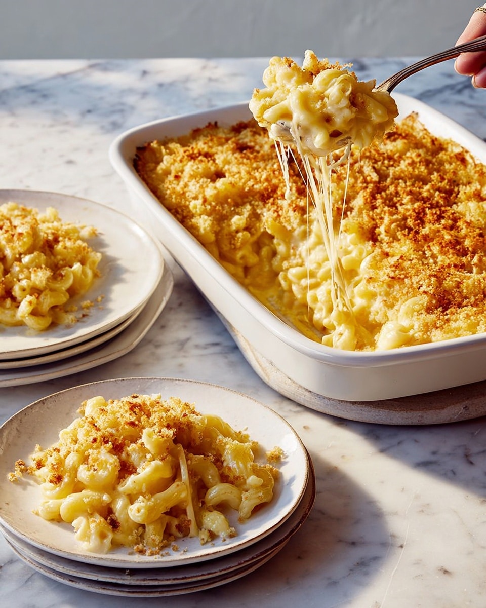 A white baking dish filled with golden-brown macaroni and cheese topped with a crunchy breadcrumb layer spread evenly on top, the creamy yellow pasta beneath bubbling slightly at the edges. A white plate stacked on two other plates nearby shows a generous serving of the macaroni and cheese, with long stretchy strands of melted cheese pulled from the dish by a spoon held in a woman's hand, the pasta looking soft and coated in gooey cheese. The surface is a white marbled texture. Photo taken with an iphone --ar 4:5 --v 7