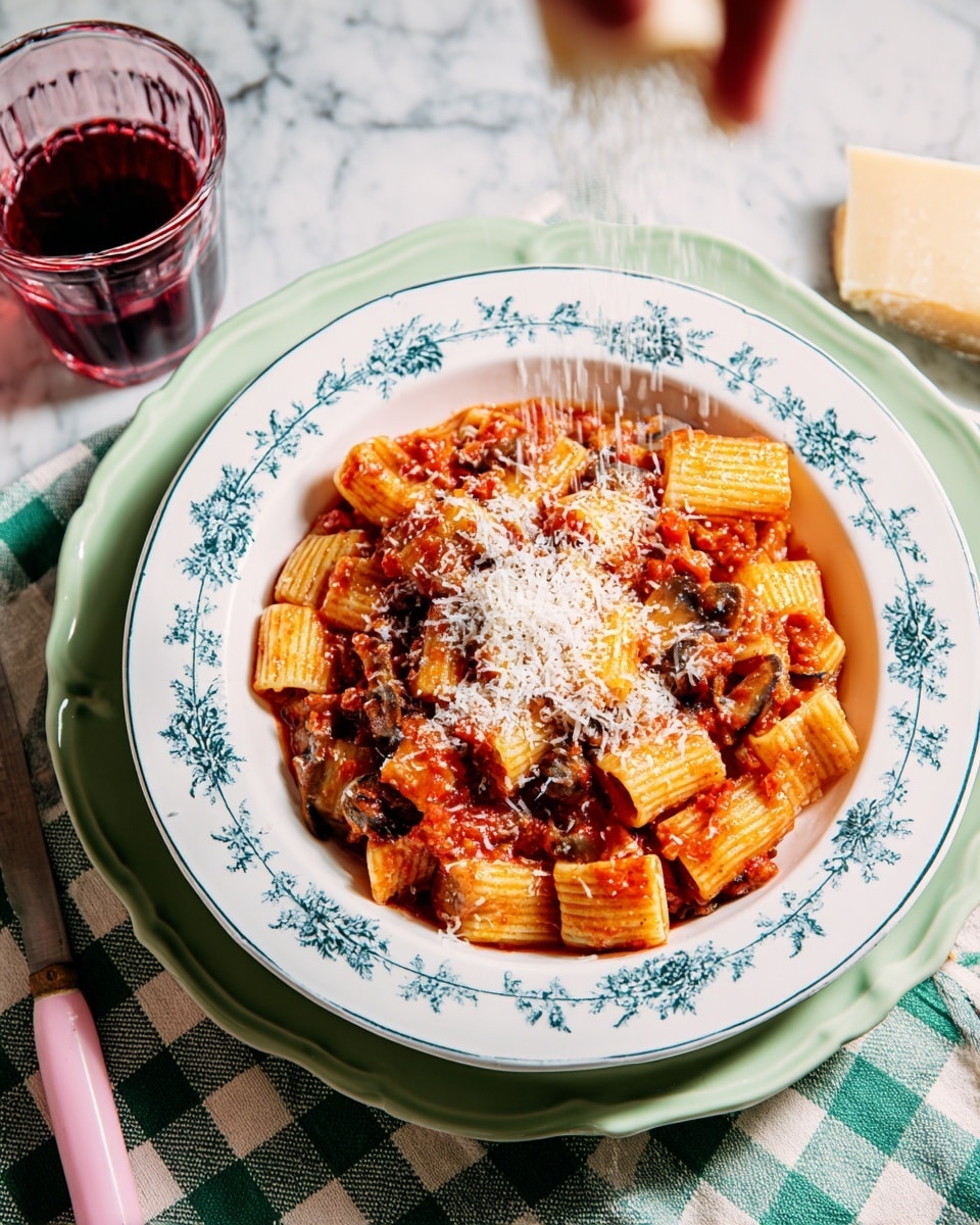 A white bowl with a blue decorative pattern around the rim holds rigatoni pasta covered with a thick red tomato sauce, bits of cooked vegetables or mushrooms mixed in, and a sprinkle of finely grated white cheese on top. The bowl sits on a pale green-edged white plate, which rests on a green and cream checkered cloth on a white marbled surface. A woman's hand is grating more cheese over the pasta from above. Nearby, there is a clear cup with a dark red drink and a knife with a pink handle. Photo taken with an iphone --ar 4:5 --v 7