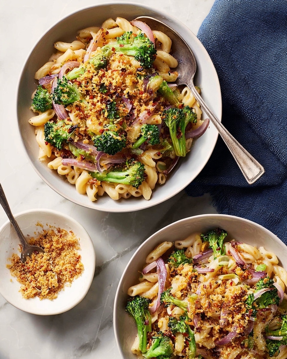 Two white bowls filled with a pasta dish, each containing three main layers: a base layer of light yellow penne pasta mixed with small pieces of red onion, a middle layer of bright green broccolini stalks placed on top and scattered throughout, and a top layer of golden brown crispy breadcrumbs sprinkled over the pasta and vegetables. One bowl has a silver spoon resting inside on the right side, the other bowl is in front and slightly to the left. To the top left, there is a small white bowl filled with the golden breadcrumbs and a silver spoon inside it. The bowls are on a neutral beige surface next to a white marbled texture and a dark blue cloth napkin is on the right. photo taken with an iphone --ar 4:5 --v 7