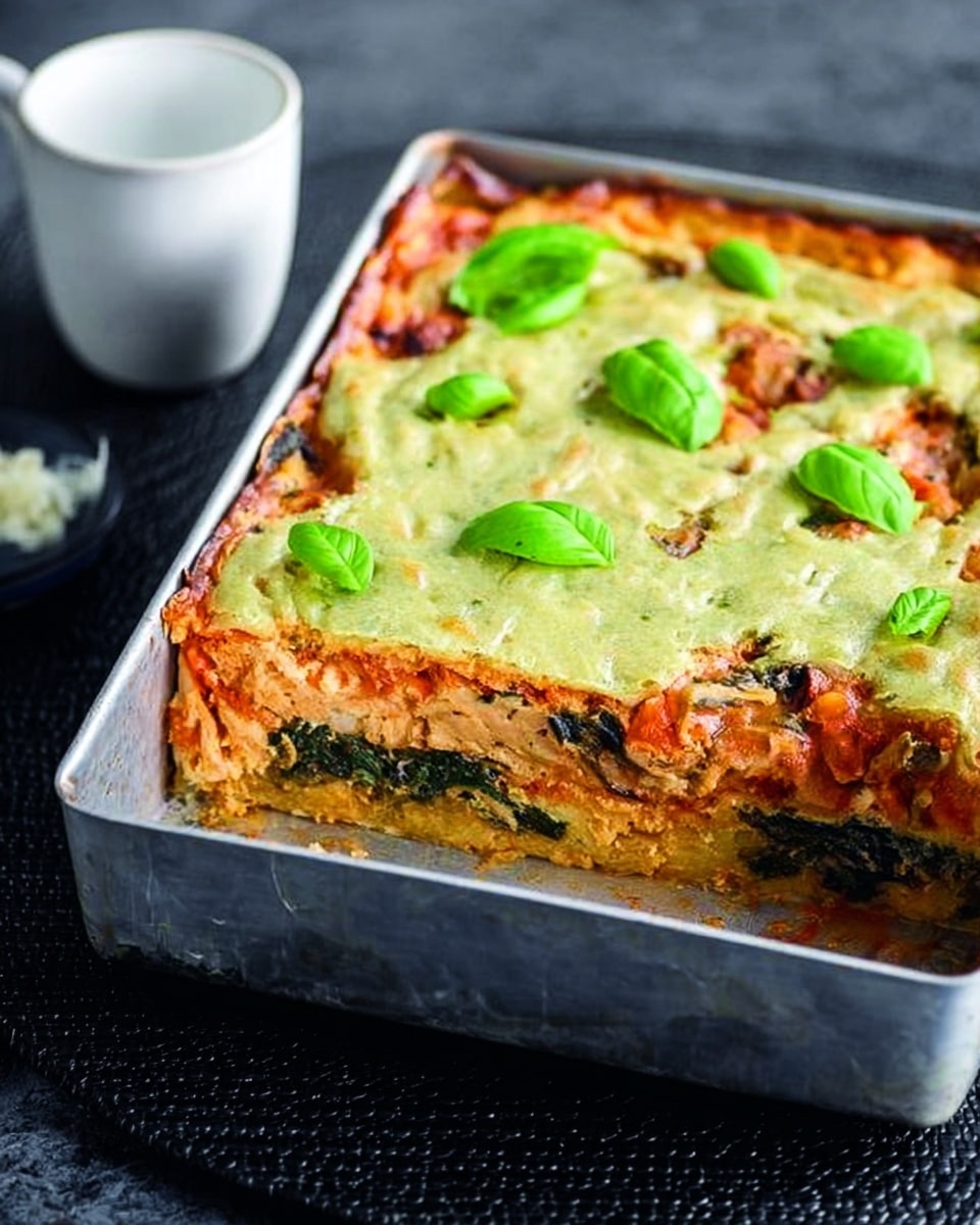 A rectangular baked dish with three clear layers is shown, topped with a light green, smooth layer garnished with fresh green basil leaves scattered evenly on top. The middle layer is a reddish tomato-based sauce with visible chunks that look like cooked vegetables or meat. The bottom layer is dark green, likely cooked spinach or similar greens. The dish is in a silver metal baking pan placed on a black textured surface, with part of the corner cut out to show the layers inside. A white cup with some white contents is visible in the blurred background. Photo taken with an iphone --ar 4:5 --v 7