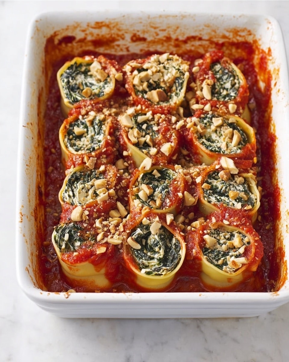 The image shows a white rectangular baking dish filled with stuffed pasta rolls arranged in two rows, each roll having a smooth, yellow pasta layer wrapped around a dark green spinach and white cheese filling. The pasta rolls are topped with a thick layer of red tomato sauce and sprinkled with finely chopped nuts or breadcrumbs in light beige color. The dish sits on a white marbled surface, with some sauce and crumbs around the edges inside the dish, giving a fresh baked look. Photo taken with an iphone --ar 4:5 --v 7