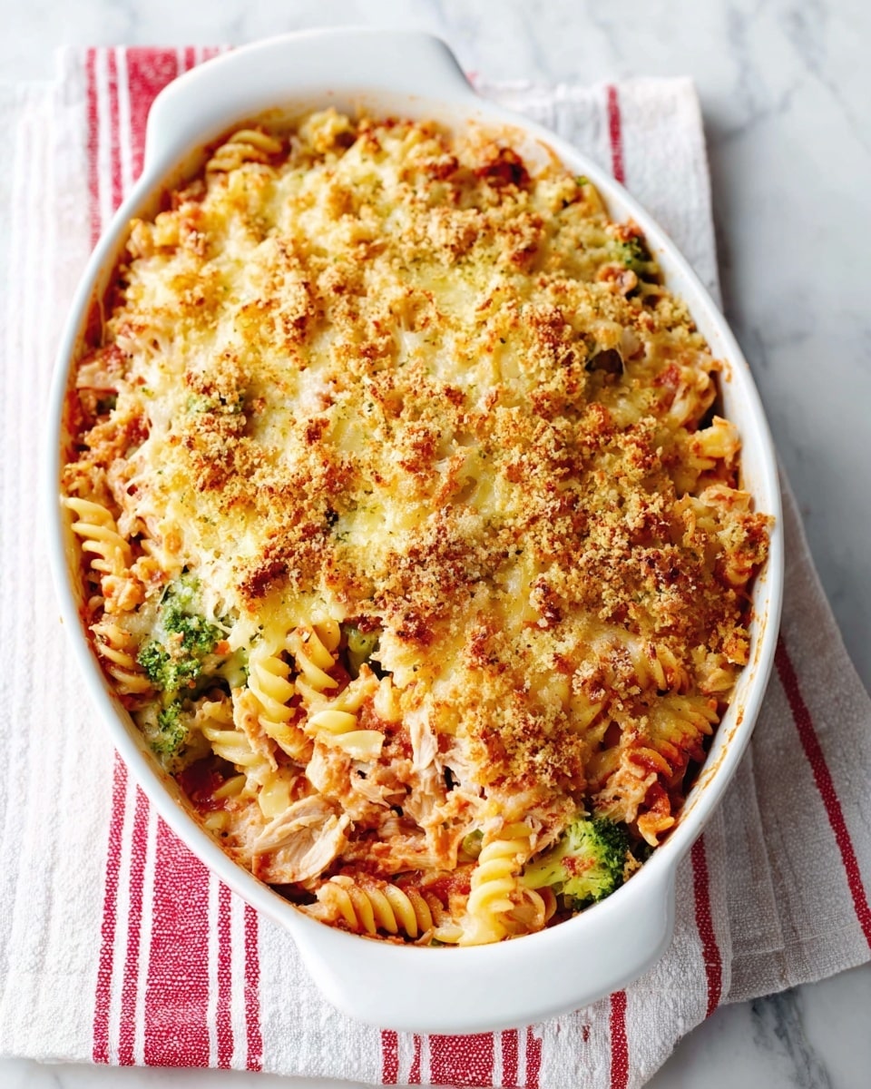 A white oval baking dish filled with three layers of creamy pasta bake. The bottom layer is a mix of tri-color rotini pasta with visible pieces of green broccoli and chunks of light brown cooked chicken. The middle layer has a red tomato-based sauce mixed with the pasta and chicken. The top layer is a golden melted cheese crust with sprinkled crisp breadcrumbs, giving it a slightly crunchy texture. The dish sits on a white cloth with red stripes over a white marbled surface. Photo taken with an iphone --ar 4:5 --v 7