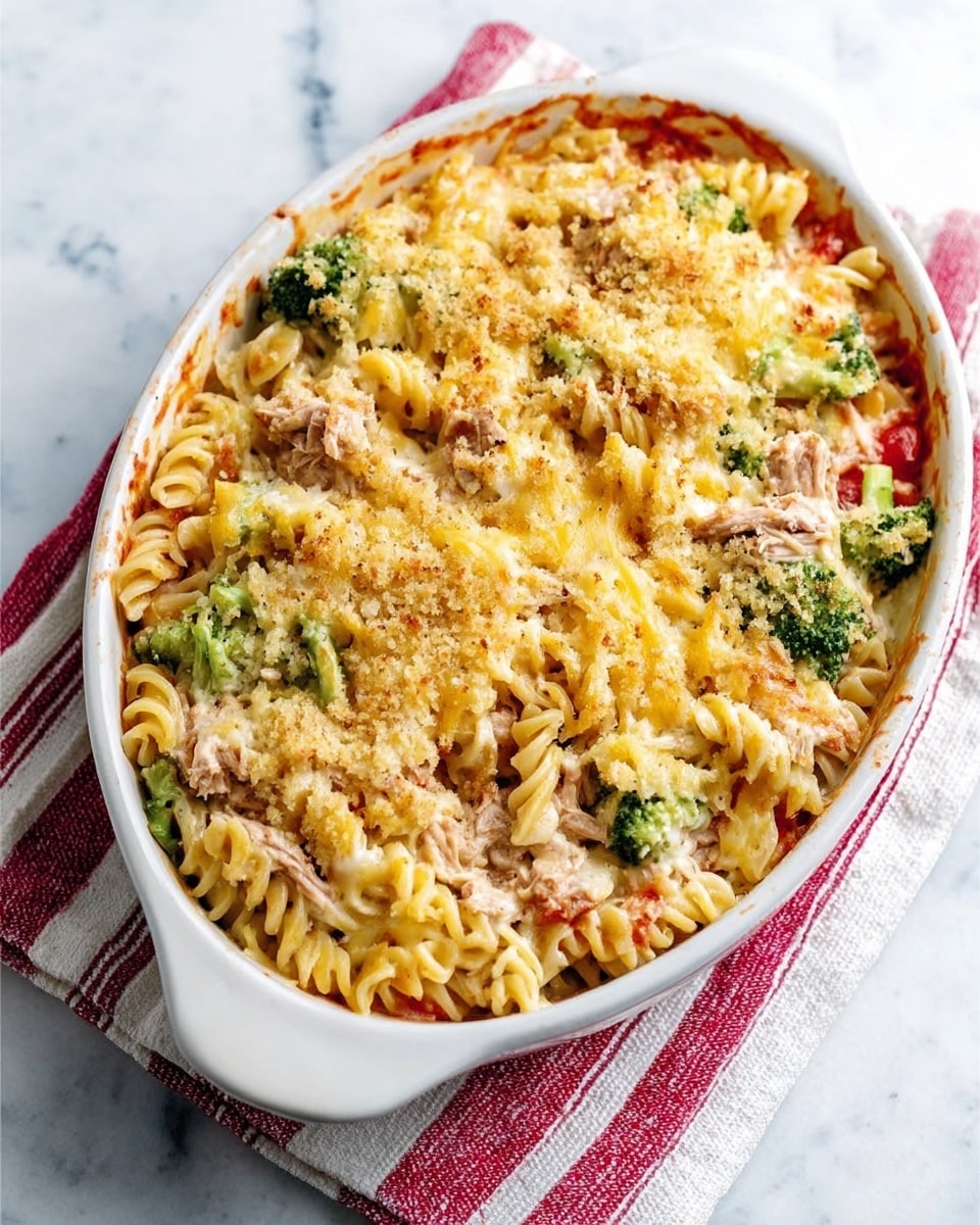 The image shows a white oval baking dish filled with a baked pasta casserole on a white marbled surface with a white and red striped cloth underneath. The casserole has multiple layers visible from the top: a bottom layer of cooked spiral pasta mixed with vegetables like green broccoli, a middle layer containing chunks of meat or tuna, and a top layer covered with melted golden cheese with browned breadcrumbs scattered across. The texture looks creamy and cheesy with a crispy top. Photo taken with an iphone --ar 4:5 --v 7