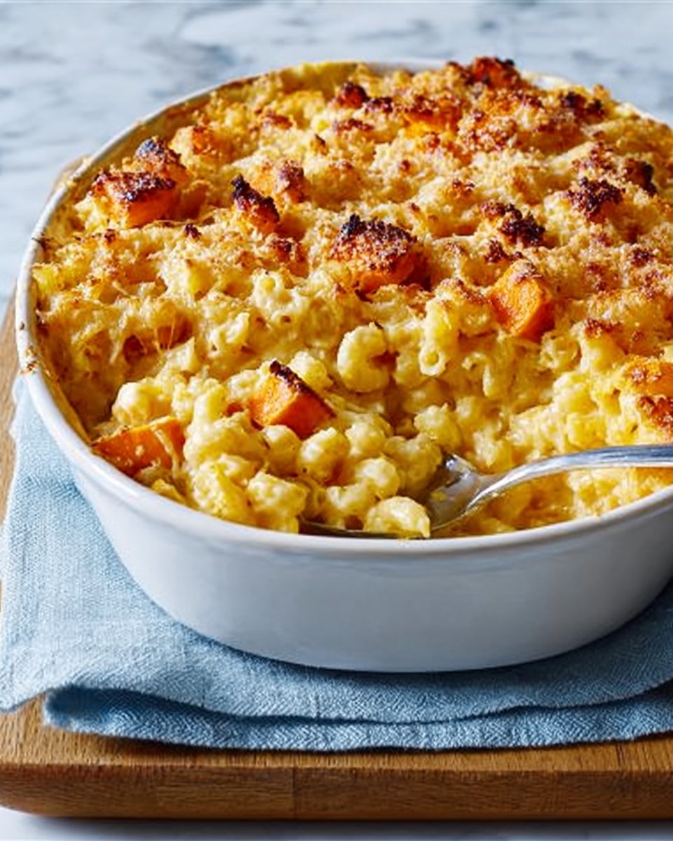 The image shows a white oval baking dish filled with a creamy macaroni and cheese casserole. The top layer is golden brown with melted cheese and crispy bits, including chunks of orange squash or sweet potato baked into the mix. Beneath the surface is a creamy, thick, pale yellow cheese sauce mixed with elbow macaroni. A silver spoon is scooping out a portion, revealing the soft, cheesy noodles inside. The dish is placed on a light blue cloth napkin, which rests on a wooden board, all set on a white marbled surface. photo taken with an iphone --ar 4:5 --v 7