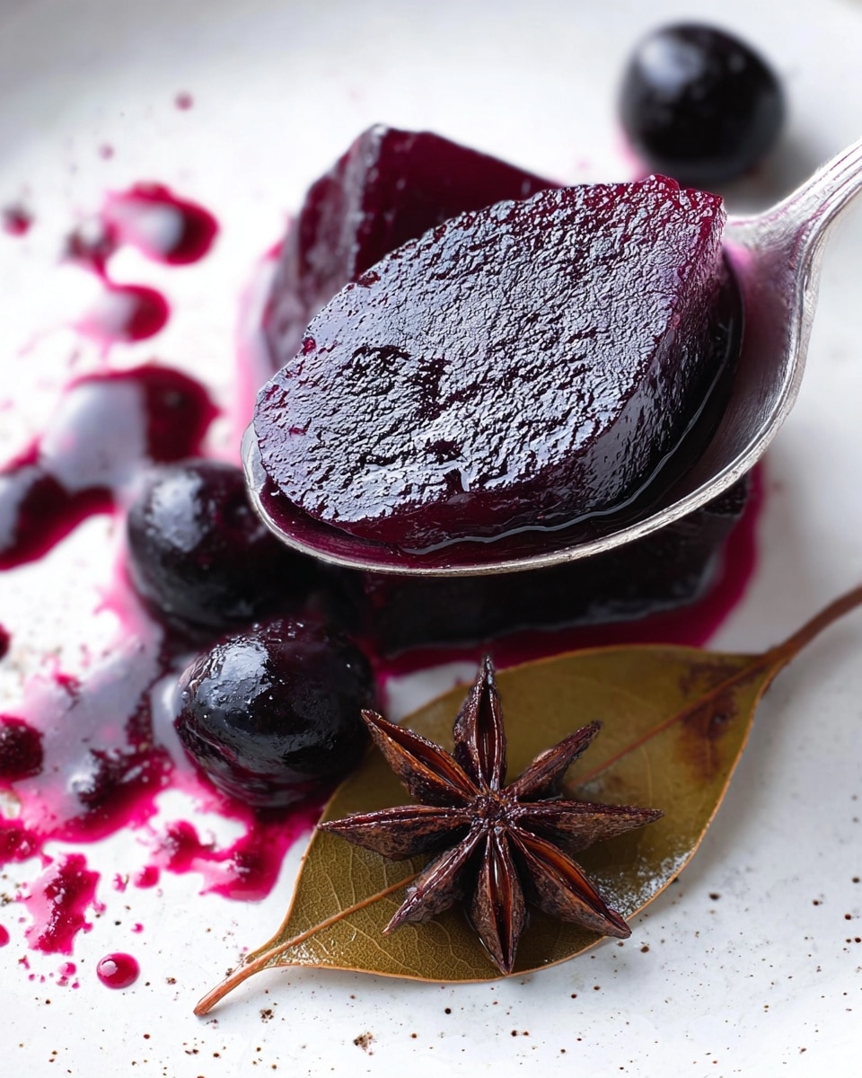 A close-up image of a spoon holding a deep purple, glossy, jelly-like chunk with a textured surface, resting on a white plate with a white marbled texture background. Around the spoon are dark purple juice splashes and drops, adding a wet and fresh look. Beside it lies a brown bay leaf with visible veins and a dark brown star anise with clear, sharp points. The plate also shows two dark purple berries near the spoon, completing the natural and rich color palette. Photo taken with an iphone --ar 4:5 --v 7