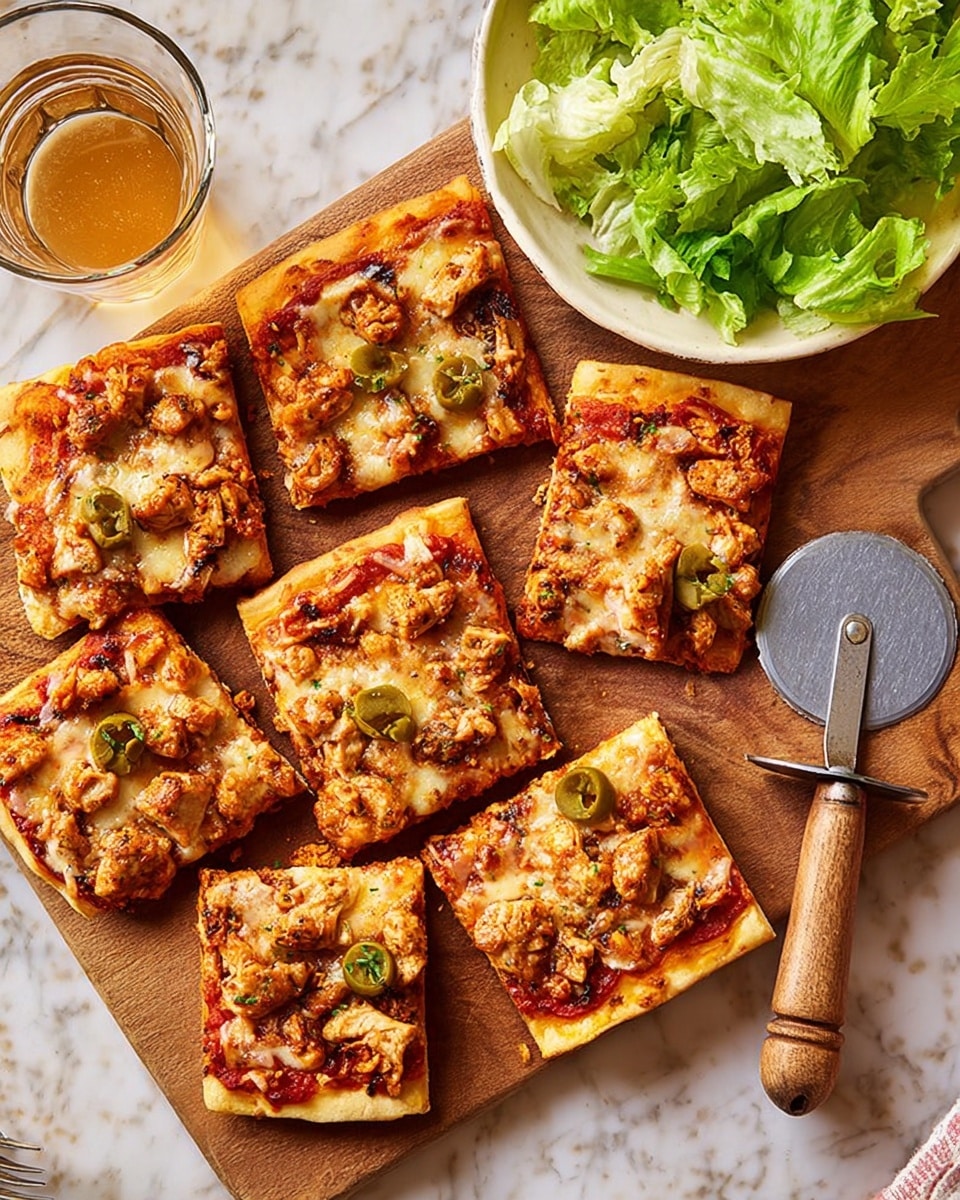 The image shows eight square slices of pizza on a wooden board. Each slice has three clear layers: the bottom is a light golden-brown crispy crust, the middle layer is bright red tomato sauce spread evenly, and the top layer has melted light yellow cheese covered with small browned pieces of seasoned chicken and some sliced green olives. There is a metal pizza cutter with a wooden handle resting on the board near the right side of the pizza slices. Above the board is a white bowl filled with fresh green lettuce leaves, and to the right of that is a glass containing a light brown drink. The whole setup is on a white marbled surface. photo taken with an iphone --ar 4:5 --v 7