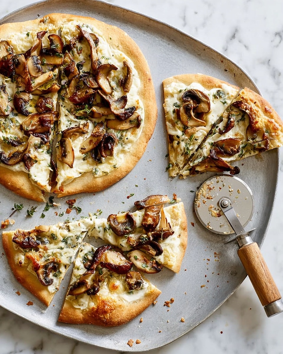 Two white flatbread pizzas rest on a large metal baking tray placed on a white marbled surface. One pizza is whole, with a round, golden-brown crust, topped with melted white cheese and scattered large pieces of cooked mushrooms in various brown shades, along with green herb bits. The second pizza is already sliced into six pieces, showing the same toppings and crust color, with some pieces slightly separated. A pizza cutter with a wooden handle and a silver circular blade lies next to the pizzas on the tray. The image shows subtle crumbs and some small herb pieces scattered around, giving a fresh, casual look. Photo taken with an iphone --ar 4:5 --v 7