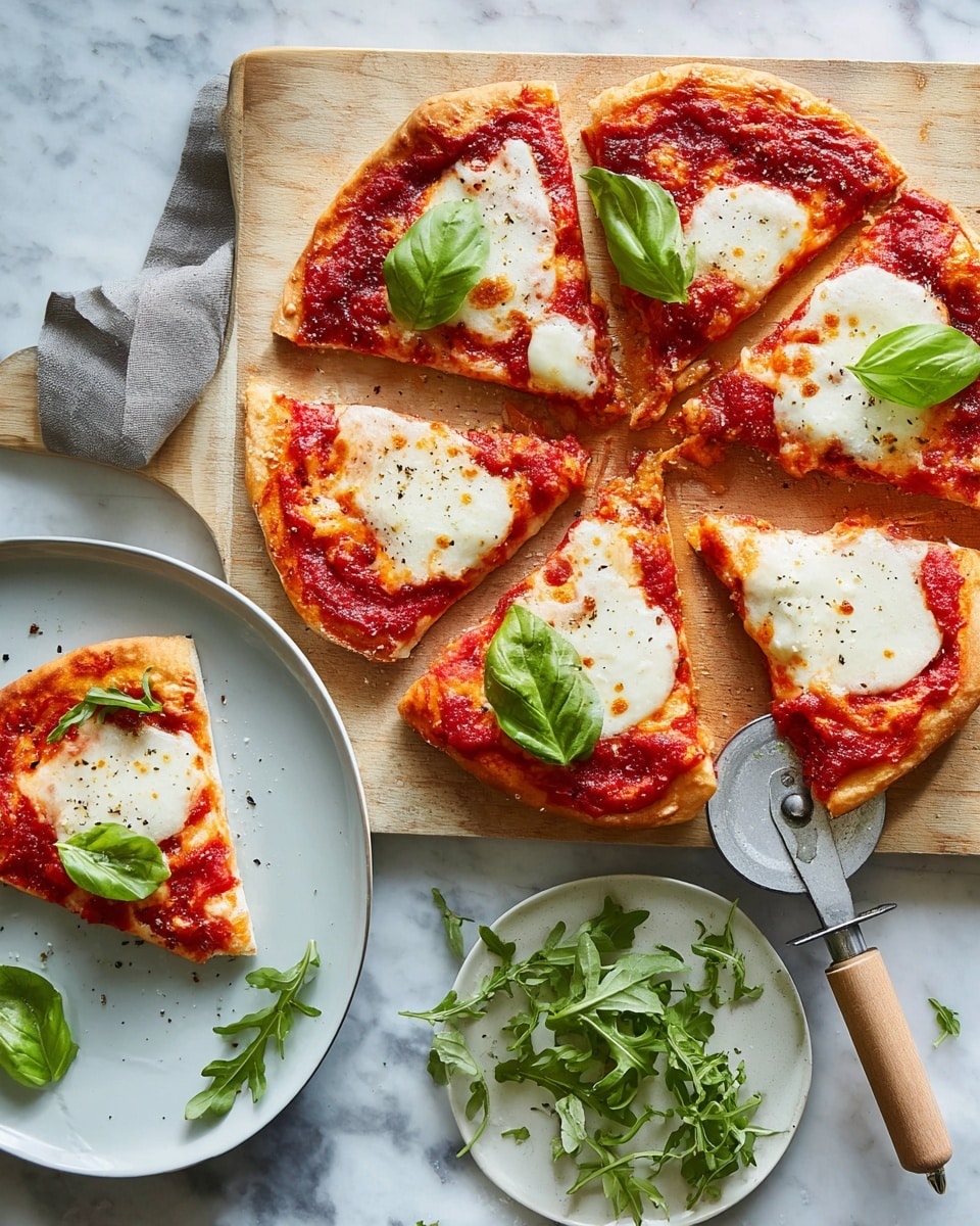 A small pizza with a golden crust topped with bright red tomato sauce and patches of melted white mozzarella cheese sits on a light wooden board. Five fresh green basil leaves are scattered on top of the pizza and its four slices, each slice showing the same toppings with slight black pepper sprinkled on the cheese. A metal pizza cutter with a light wooden handle rests beside the slices. Below the board, a white plate with one slice of pizza and a few green arugula leaves is placed on a white marbled surface. Photo taken with an iphone --ar 4:5 --v 7