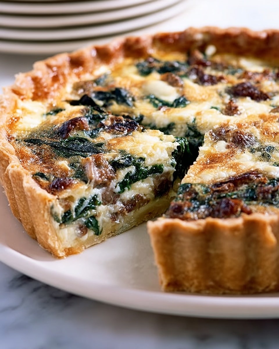A close-up view of a savory pie with a golden brown crust that is thick and fluted along the edges, sitting on a white plate. The filling is layered with visible ingredients, including baked spinach in dark green patches mixed with melted cheese that is creamy white and light golden, along with bits of sausage or meat in a brownish hue. The texture on top is slightly crispy with a mix of smooth and rough areas, and one slice is cut out showing the layered inside. The background features a white marbled surface with stacked white plates blurred behind the pie. Photo taken with an iphone --ar 4:5 --v 7