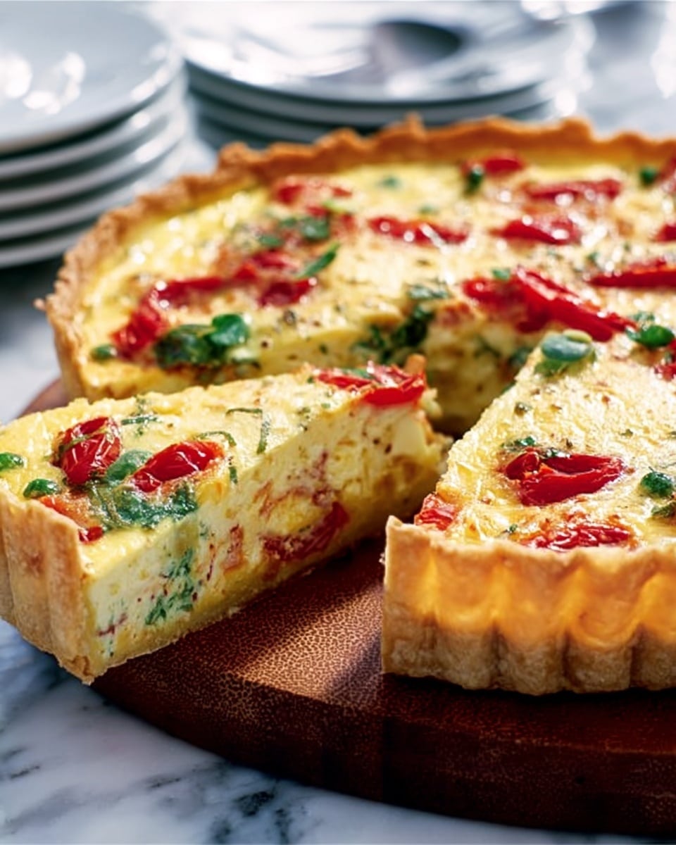 The image shows a round savory tart with three visible layers: a golden-brown crust forming the base and edges, a creamy light yellow cheese layer spread evenly on top of the crust, and scattered bright red tomato pieces and small green greens on the cheese. One slice is taken out, revealing the creamy inside with bits of vegetables. The tart sits on a wooden board with a stack of white plates in the background on a white marbled surface. Photo taken with an iphone --ar 4:5 --v 7