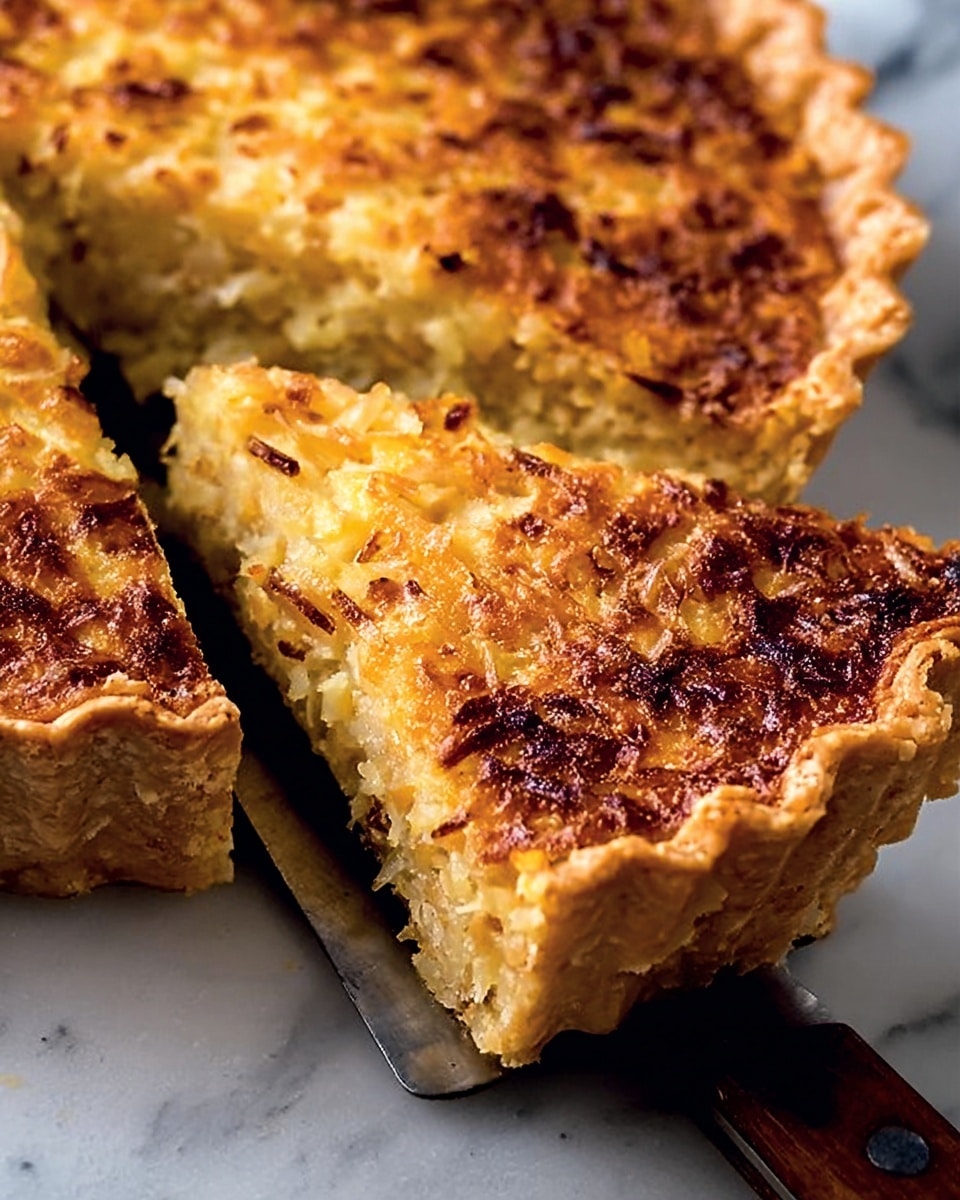 A close-up image of a golden-brown quiche with a crispy, light brown crust forming a wavy edge. The quiche filling is thick and creamy with a textured surface that shows bits of cooked onions or similar ingredients, giving it a slightly uneven, rustic look. One large slice has been cut and lifted by a metal spatula, slightly separating from the main quiche. The quiche rests on a knife with a dark wooden handle, all set against a white marbled surface. The lighting highlights the flaky crust and the soft inside texture. photo taken with an iphone --ar 4:5 --v 7