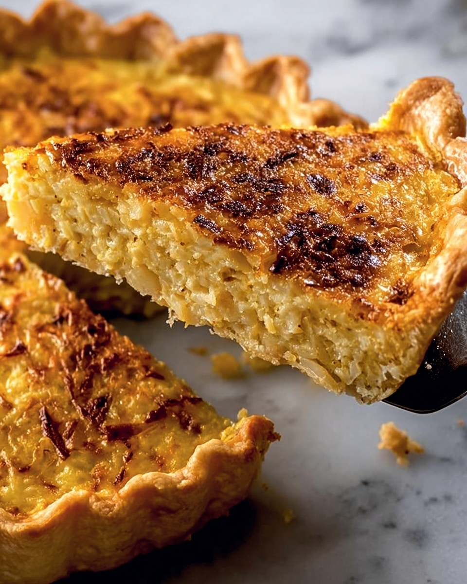 The image shows a close-up of a slice of golden-brown quiche being lifted by a metal spatula from the rest of the pie, which sits on a white marbled surface. The quiche has a flaky, light golden crust with crimped edges, and its filling is a textured mix of creamy yellow and light brown bits, browned slightly on top from baking. The slice reveals a thick, dense layer of the filling with a slightly uneven, rich surface that looks soft and cheesy. Photo taken with an iphone --ar 4:5 --v 7