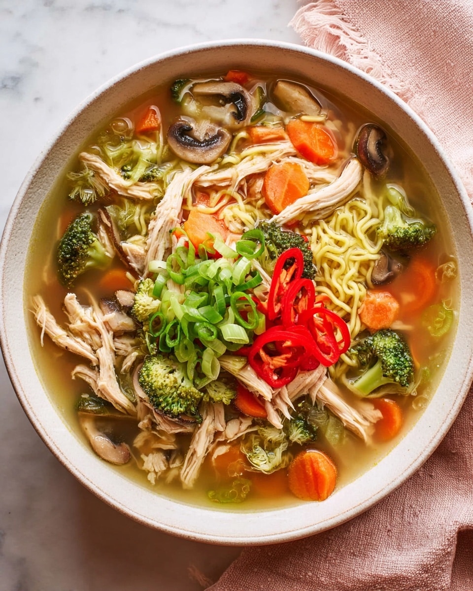 A white bowl is filled with clear broth soup that holds yellowish noodle strands on the bottom layer, topped with pieces of shredded light brown chicken, bright green broccoli florets, orange carrot chunks, light green celery slices, and dark brown mushroom slices all mixed throughout. Sitting on the very top center are thin red chili pepper slices and a pile of finely chopped bright green spring onions. The bowl rests on a white marbled surface with a pale pink cloth partially visible on the right side. photo taken with an iphone --ar 4:5 --v 7