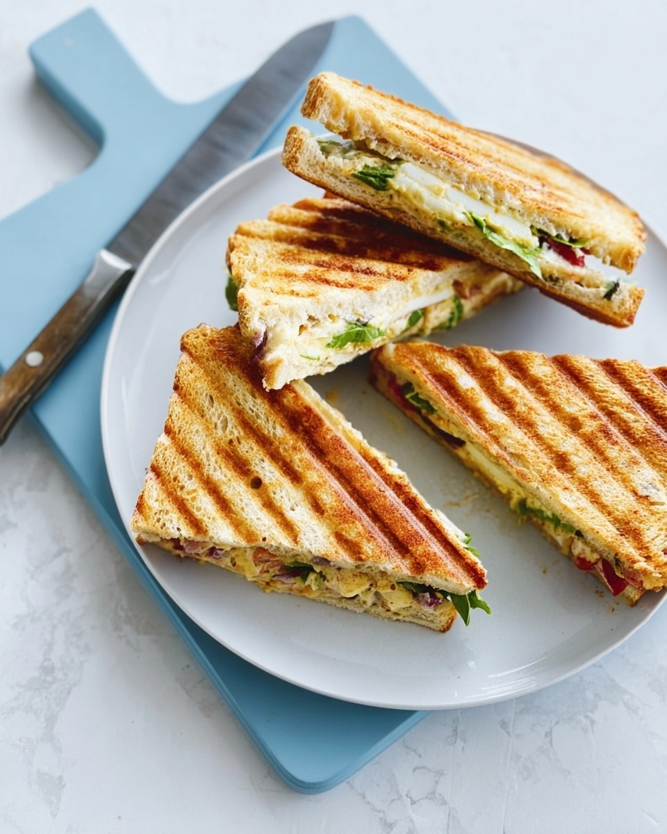 The image shows a grilled sandwich cut into three pieces placed on a white plate with a soft blue cutting board underneath. The sandwich has two visible layers inside, with the top layer showing light green leaves and some white spread, while the bottom layer reveals slices of a creamy filling with bits of red, possibly tomato or pepper. The bread is golden brown with crisp grill marks on the outside. A knife rests diagonally on the top left of the blue cutting board, and the entire setup sits on a white marbled surface. Photo taken with an iphone --ar 4:5 --v 7