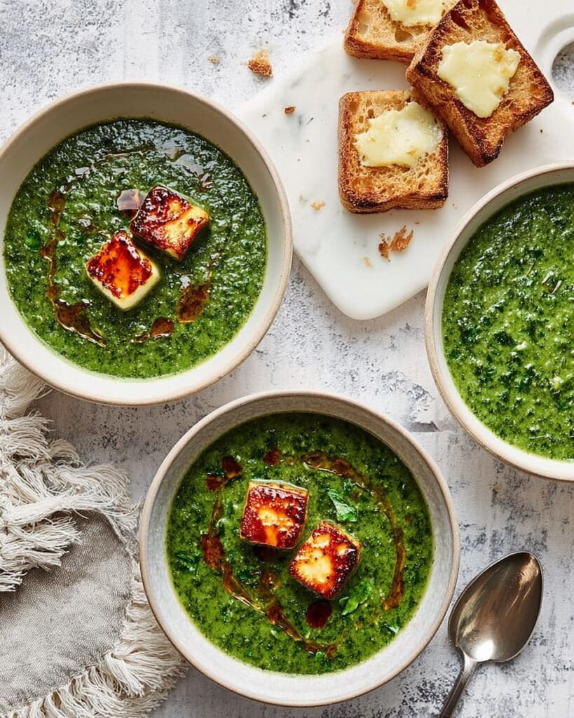 Leafy Greens Soup with Chilli-Honey Halloumi Croutons Recipe