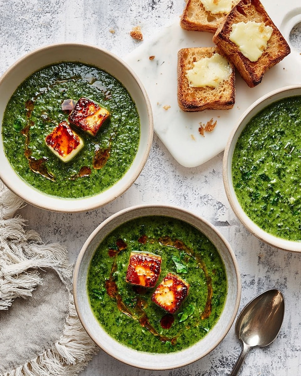 The image shows three bowls of green soup placed on a white marbled textured surface. The soup is thick and speckled with herbs, giving it a rich green color. Two of the bowls have three pieces of golden-brown, crispy paneer or tofu cubes arranged in the center, with a drizzle of reddish-brown oil around them, adding shine and contrast. The third bowl contains only the green soup without any topping. To the top right, there is a white cutting board with four triangular slices of toasted bread, each with melted butter spread unevenly. A silver spoon and a piece of cloth with fringes are placed near the bowls, enhancing the cozy presentation. The photo taken with an iphone --ar 4:5 --v 7