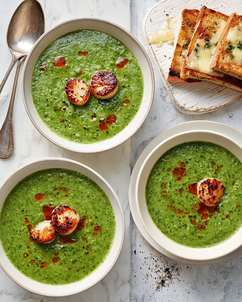 The image shows three white bowls of green soup with a smooth, slightly textured surface, filled almost to the brim. Two of the bowls have three browned, seared scallops placed in the center, drizzled with a small amount of reddish-brown oil around them. The third bowl has just the soup and a sprinkle of black pepper on top. To the top right, on a light cutting board, are four triangular slices of toasted bread with melted butter spots. A woman's hand is holding a silver spoon beside the bottom left bowl. All items are placed on a white marbled textured surface. Photo taken with an iphone --ar 4:5 --v 7