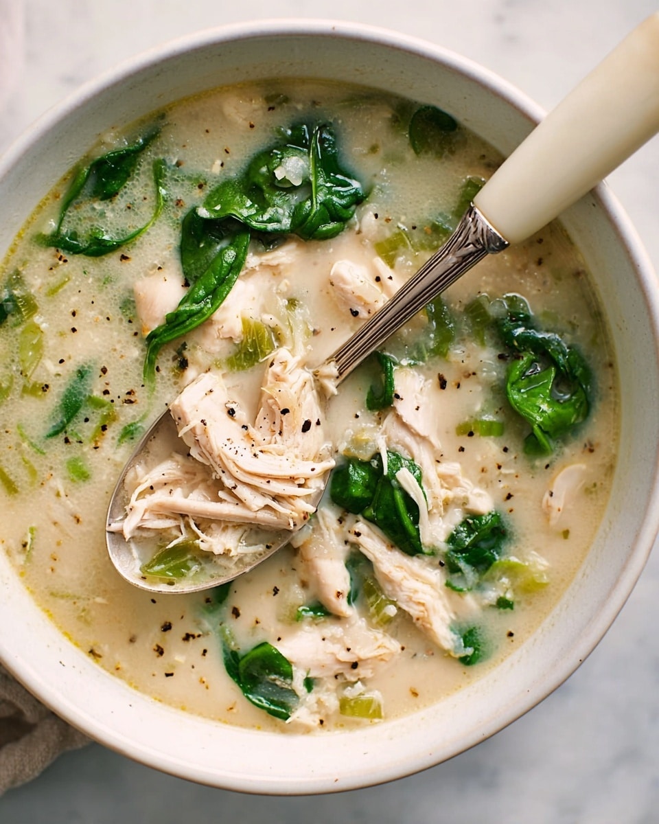 A close-up top view of a bowl of thick chicken soup with shredded white chicken pieces and bright green spinach leaves mixed in a creamy beige broth with some black pepper sprinkled on top. A silver spoon with a light beige handle rests inside the bowl, holding some chicken and broth. The bowl itself is white and sits on a white marbled surface, creating a clean and fresh look. photo taken with an iphone --ar 4:5 --v 7