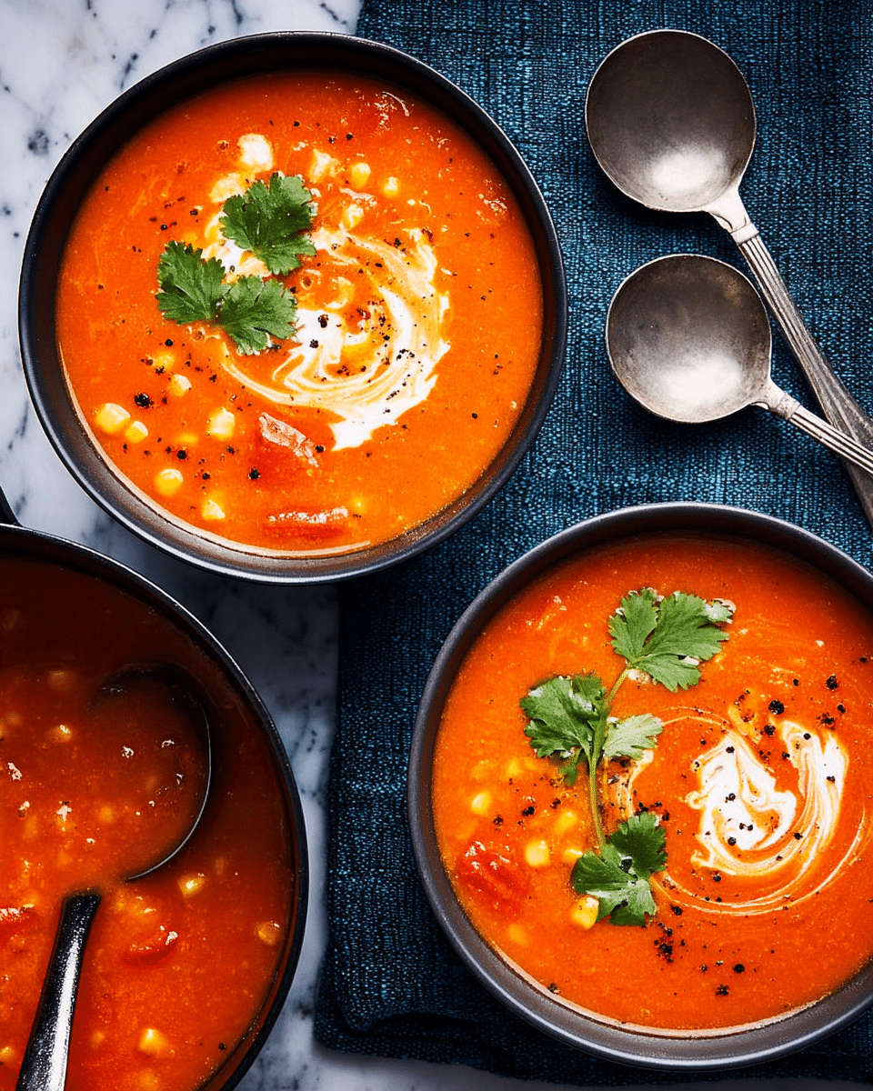 The image shows two black bowls filled with bright orange-red soup that has a creamy texture and visible small pieces of vegetables like tomatoes and corn. Each bowl has a swirl of white cream on top, sprinkled with small black pepper bits and three green cilantro leaves resting on the surface. Nearby is a black pot containing more soup with a ladle inside, resting on a dark blue textured cloth. Two silver spoons are placed loosely near the bowls, all arranged on a white marbled surface. photo taken with an iphone --ar 4:5 --v 7