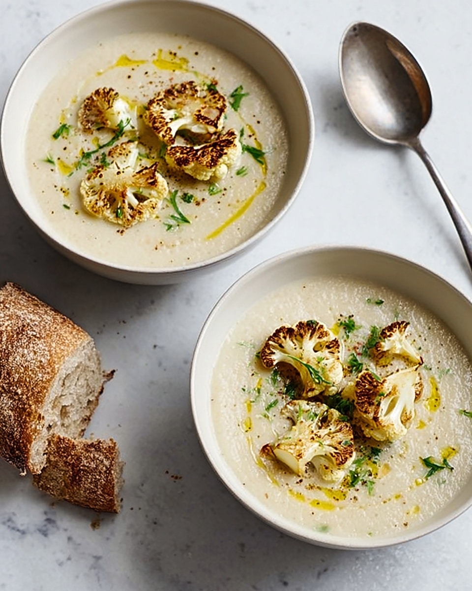 Two white bowls sit on a white marbled surface, each filled with creamy beige soup topped with several browned pieces of cauliflower. The soup has a smooth texture with small green herb pieces sprinkled on top and a drizzle of golden oil. Next to one bowl is a piece of crusty brown bread with a rough, porous texture. A silver spoon rests above the bowls on the surface. The lighting is soft and natural, highlighting the colors and textures of the dish. photo taken with an iphone --ar 4:5 --v 7