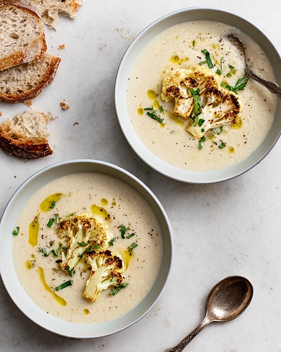The image shows two white bowls filled with creamy soup that is off-white in color and smooth in texture. Each bowl has two roasted cauliflower florets placed near the center, their edges slightly browned and crispy. There is a drizzle of golden oil around the cauliflower and small green herb leaves sprinkled on top, adding a touch of color. The bowls sit on a white marbled surface next to pieces of torn brown bread. A spoon is placed near the top bowl, with a woman's hand just barely touching it. Photo taken with an iphone --ar 4:5 --v 7