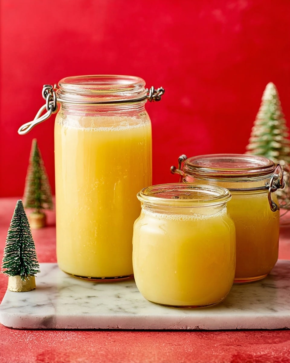 Three clear glass jars filled with a thick, light yellow liquid are placed on a white marbled surface against a bright red background. The jar on the left is tall and open, showing a smooth, slightly frothy surface. Behind it is a medium-sized jar with a metal clasp and a closed lid, filled with the same yellow liquid. On the right is a smaller, squat jar with a metal clasp and a closed lid, also filled with the same liquid. To the side of the jars, there are two small, decorative green trees. photo taken with an iphone --ar 4:5 --v 7