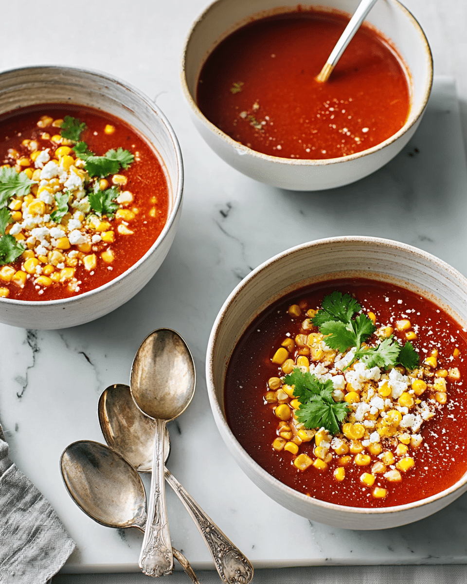 The image shows three white bowls of red soup with different toppings on a white marbled surface. The bowl on the left front is filled with red soup topped with yellow corn kernels, white cheese crumbles, and green cilantro leaves. The bowl on the right front holds red soup topped with yellow corn, white cheese, and a silver spoon inside it. The third bowl in the back contains plain red soup without toppings. Two silver spoons lay on the white marbled surface in front of the bowls. The photo taken with an iphone --ar 4:5 --v 7