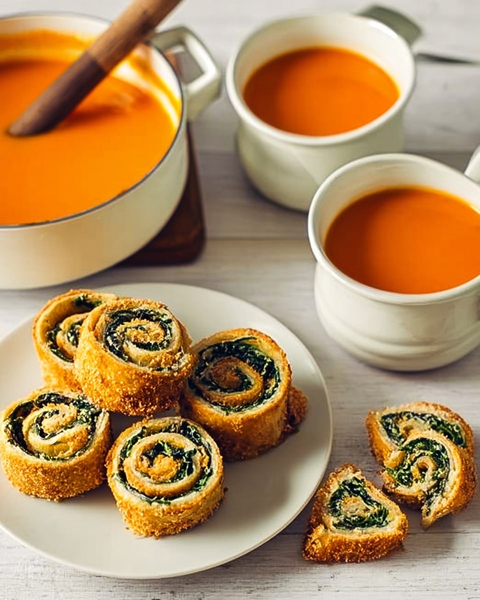 The image shows a group of six spiral-shaped snacks with golden brown crisp outer layers and green leafy filling arranged on a white plate, placed on a surface with a white marbled texture. Two smaller pieces of the spirals are broken off and placed near the plate, showing the detailed layers inside. To the left, there are two white bowls filled with smooth, bright orange soup, and above them, a white saucepan with the same soup and a wooden-handled ladle resting inside. The colors show warm orange contrasted with the fresh green inside the snacks and creamy white bowls, creating a cozy meal setting. Photo taken with an iphone --ar 4:5 --v 7