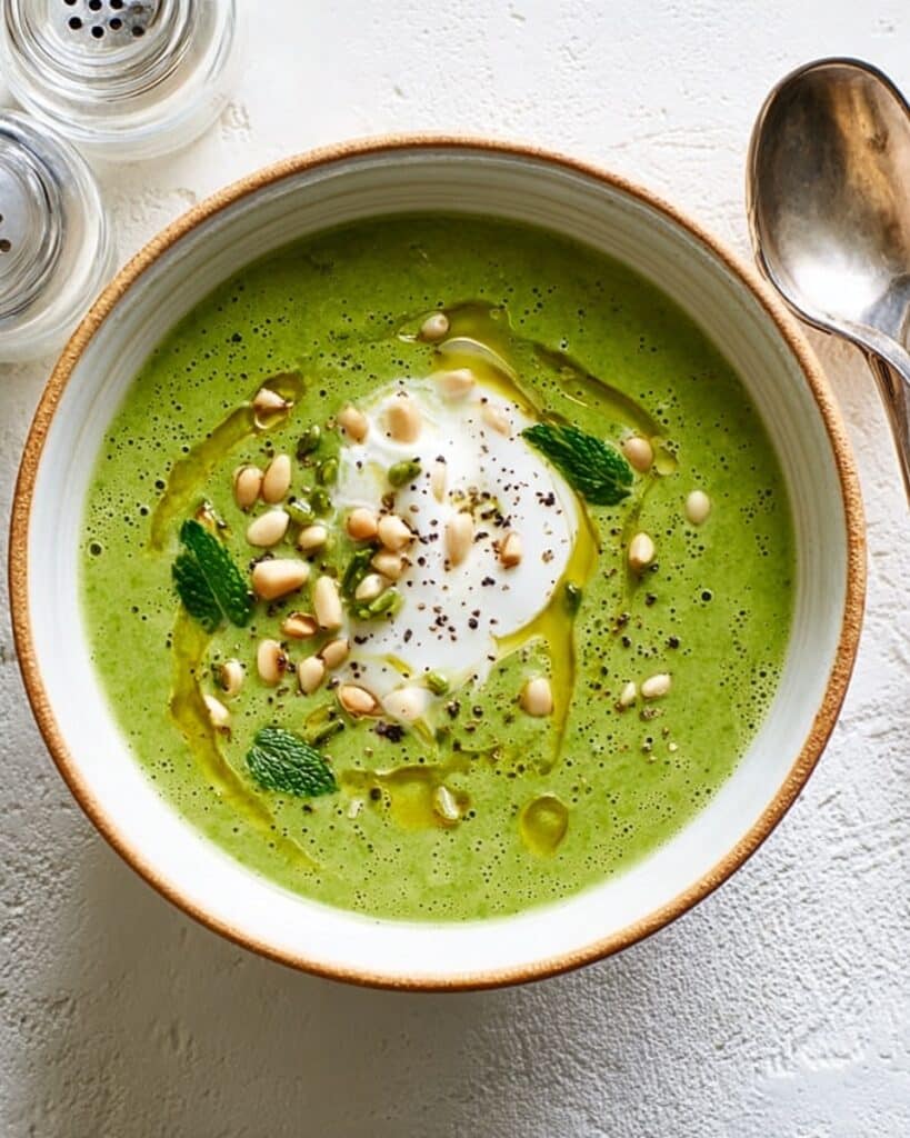 Broccoli & Pea Soup with Minty Ricotta and Pine Nuts Recipe