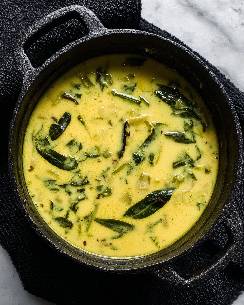 A close-up image of a black cast iron skillet filled with a yellow creamy soup showing visible green spinach leaves and small chunks of onion floating in the broth. The surface around the skillet is a white marbled texture, and a black knitted cloth is partially visible beside the skillet. The soup has a smooth and slightly thick texture with leafy pieces evenly spread. Photo taken with an iphone --ar 4:5 --v 7