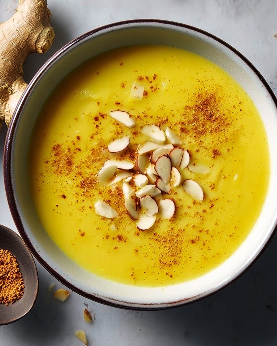 A white bowl filled with smooth, bright yellow soup with a creamy texture. On top, a small pile of sliced almonds scattered in the center, along with a light dusting of brown spice sprinkled over the almonds and soup surface. The bowl sits on a white marbled surface, with a piece of ginger root placed to the side. Photo taken with an iphone --ar 4:5 --v 7