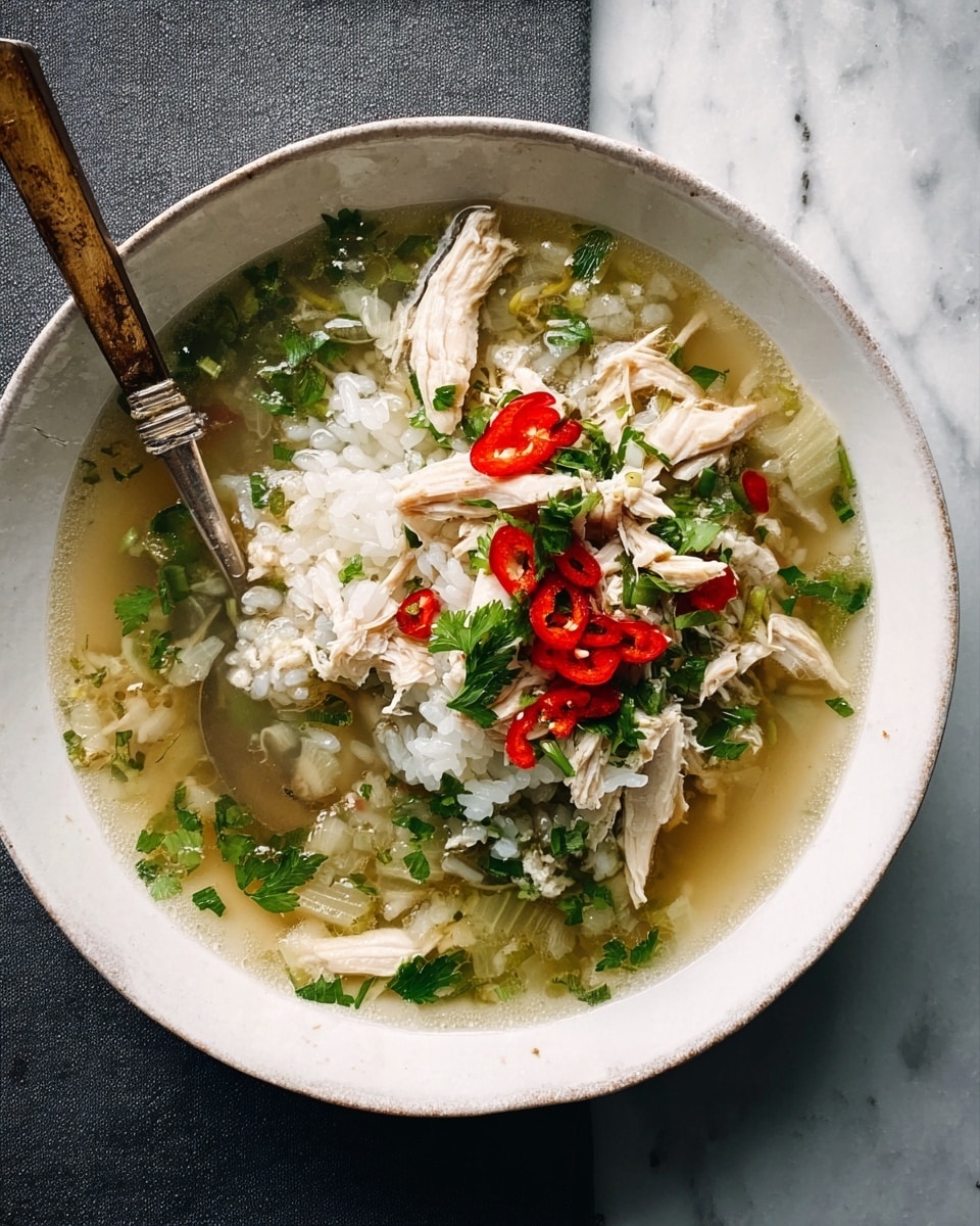 A white bowl on a white marbled surface holds a clear broth soup with visible layers of shredded white chicken, translucent cooked onions, chopped green herbs, bright red chili slices, and a heap of cooked rice on top. A spoon with a wooden handle rests inside the bowl on the left side, partially submerged in the soup. photo taken with an iphone --ar 4:5 --v 7