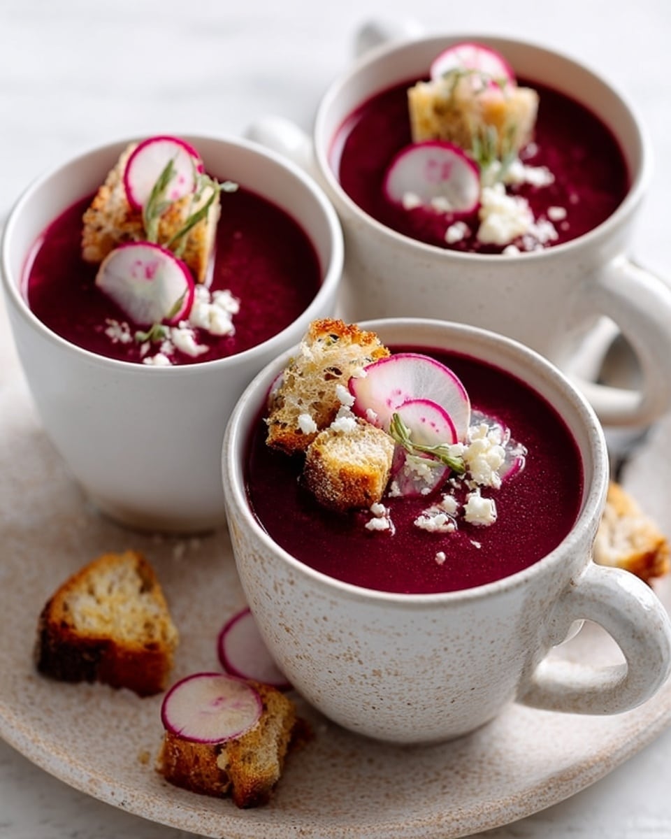 The image shows three white mugs filled with a deep red soup, each topped with light brown croutons, thin slices of pink radish, and small white crumbles of cheese. The mugs are placed closely together on a round, pale beige textured plate. Additional croutons and radish slices are scattered on the plate around the mugs. The background is a white marbled surface. The scene is lit softly, highlighting the vibrant red soup and the fresh toppings. Photo taken with an iphone --ar 4:5 --v 7