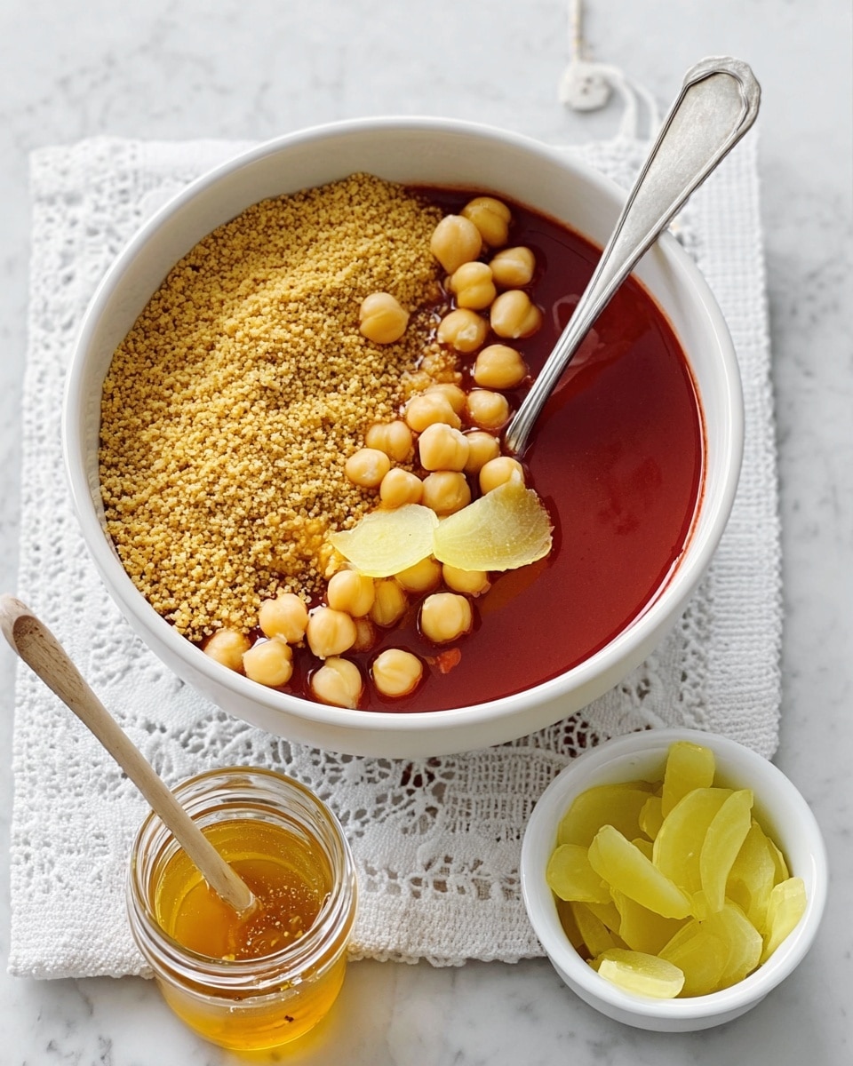 A white bowl filled with three distinct layers: a deep red soup or sauce layer covering most of the bowl, topped on one side with a tan, crumbly sesame seed layer, and on the opposite side with round, light beige chickpeas; in the center, thin slices of light yellow pickled ginger lay atop the sauce. A silver spoon is placed inside the bowl, resting on the edge. Next to the bowl is a small clear jar filled with golden honey and a tiny white spoon with a bit of honey on it. A small white bowl beside these contains more slices of the light yellow pickled ginger. All items are placed on a white lace cloth over a white marbled surface. Photo taken with an iphone --ar 4:5 --v 7