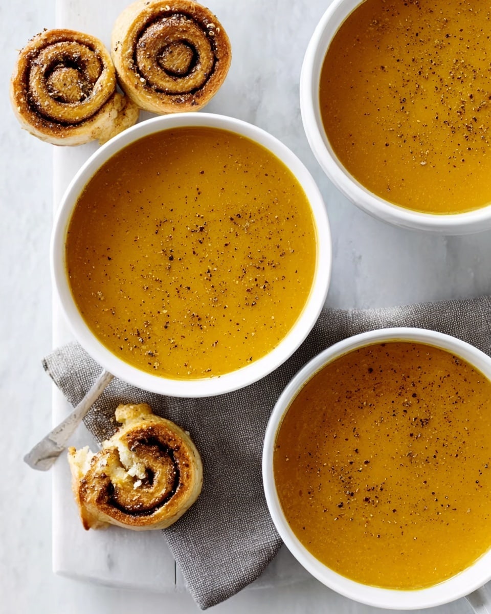 Three white bowls filled with thick, orange soup topped with some black pepper are placed on a white marbled surface. The soup looks smooth and creamy, with a warm color. Next to the bowls, there are four small cinnamon rolls with a light golden-brown crust and dark brown swirls, some with a bit of broken crust on the side. A grey cloth napkin is partially visible under one of the bowls. photo taken with an iphone --ar 4:5 --v 7