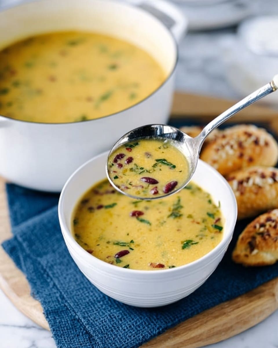 The image shows a white bowl filled with a creamy yellow soup that has visible pieces of green herbs and small red beans scattered inside. Above it, a silver ladle holds some of the soup, showing its smooth, slightly thick texture with herbs and beans, positioned over a large white ceramic pot filled with the same soup. The pot rests on a light wooden board placed on a blue cloth, and next to it, there are crescent-shaped bread pieces topped with crushed nuts or seeds on the right side. The whole scene is set on a white marbled surface. Photo taken with an iphone --ar 4:5 --v 7