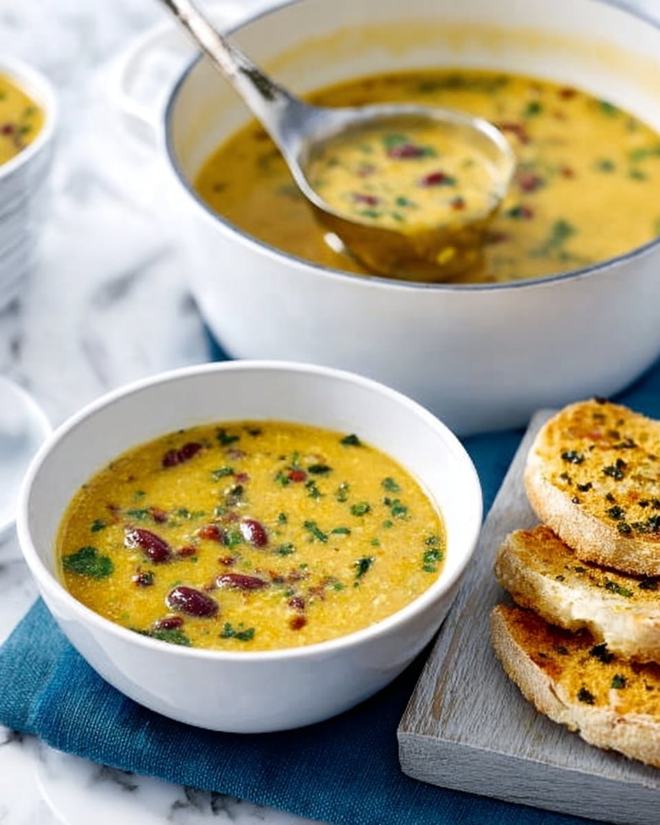 A white bowl filled with thick yellow soup that has visible green herbs and dark red kidney beans, positioned in the front. Behind it, a white pot with the same soup with a metal ladle dipping into it, showing the soup’s texture and contents clearly. To the right of the pot, there are three curved pieces of lightly toasted bread with a crumbly, golden-brown topping placed on a grey wooden board over a blue cloth. The background is a white marbled texture. photo taken with an iphone --ar 4:5 --v 7