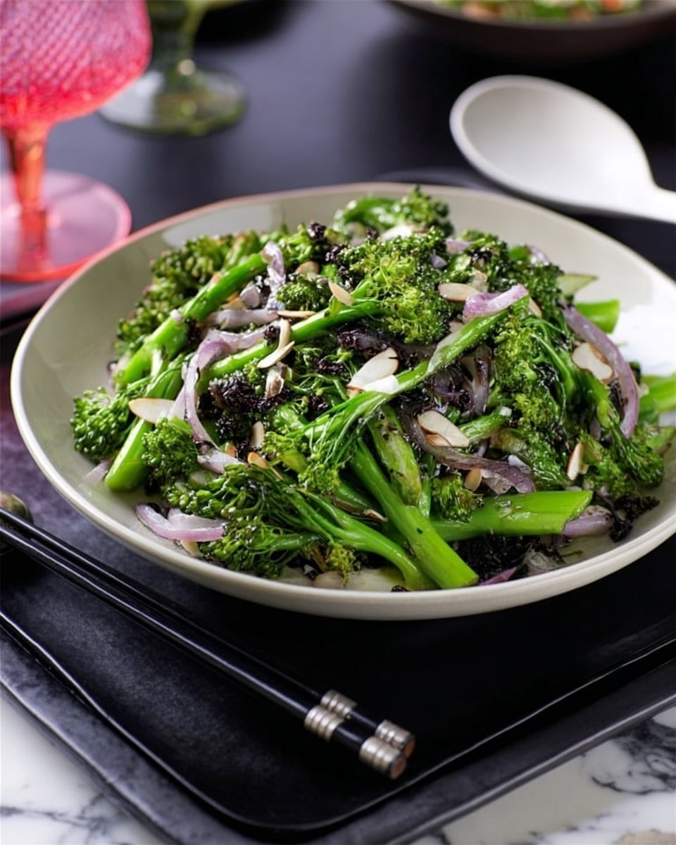 A white round plate filled with a green vegetable dish featuring vibrant broccoli stems and florets as the main layer. Mixed through are thin slices of cooked red onion adding a touch of purple color and slightly soft texture. On top, you can see small white almond slivers and some dark green chopped herbs scattered evenly across the dish. The plate rests on a black square plate with a set of black chopsticks and a white spoon placed beside it on a dark surface, and a blurry background includes a glass of pink liquid and a white marbled texture. Photo taken with an iphone --ar 4:5 --v 7