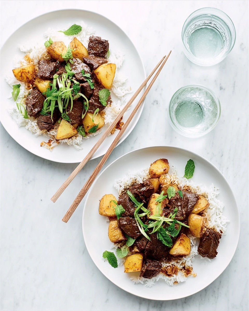 Two white plates sit on a white marbled surface, each filled with a bed of white rice topped with pieces of dark brown cooked meat and golden-brown fried potatoes. Green herbs are scattered on top, adding fresh color, and a pair of chopsticks rests on the edge of each plate. A clear glass of water is placed between the plates, enhancing the simple, clean look. Photo taken with an iphone --ar 4:5 --v 7