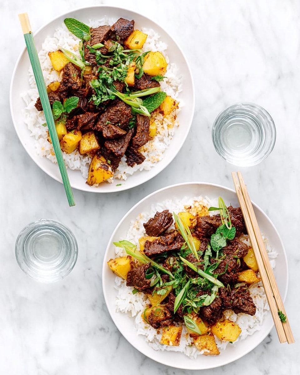 Two white plates sit side by side on a white marbled surface, each filled with a base layer of white rice. On top of the rice, there is a layer of dark brown cooked beef pieces mixed with golden roasted chunks of potatoes. Bright green crispy herb leaves are scattered over the beef and potatoes, adding a fresh touch of color. A pair of light brown chopsticks rests diagonally on the right edge of the right plate, and a pair of green chopsticks lies diagonally on the left edge of the left plate. Between the plates, there is a clear glass of water. photo taken with an iphone --ar 4:5 --v 7