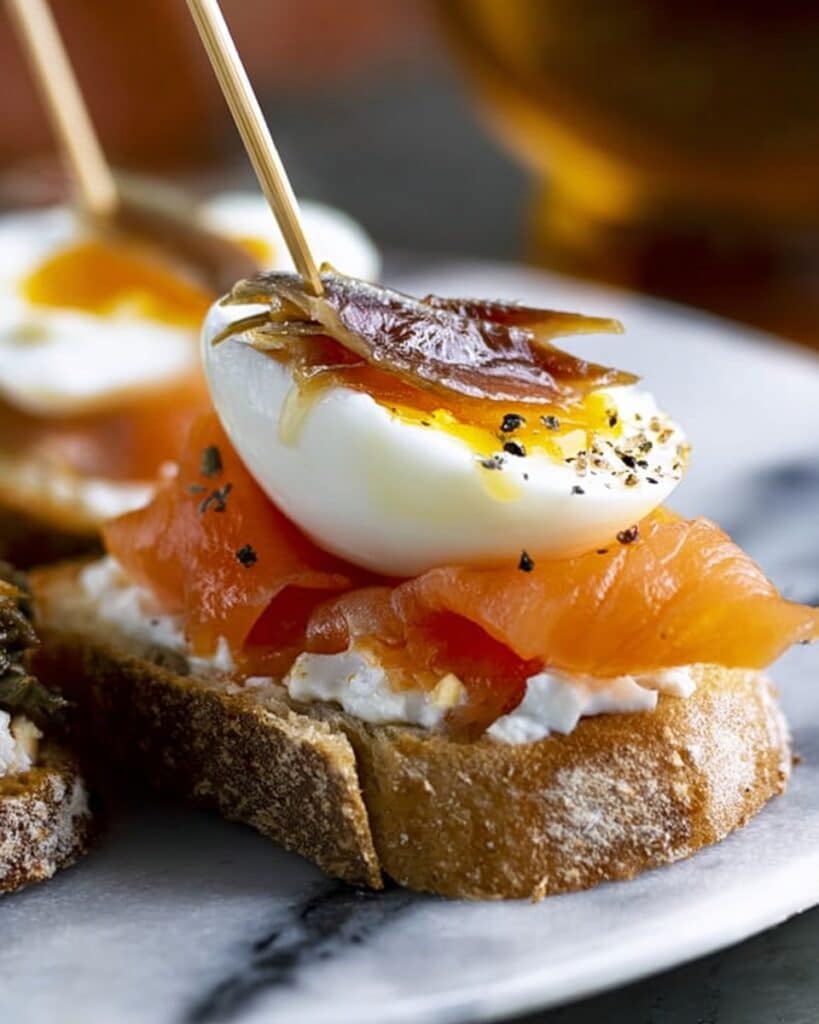 Smoked Salmon and Quail’s Egg Bites on Baguette Recipe