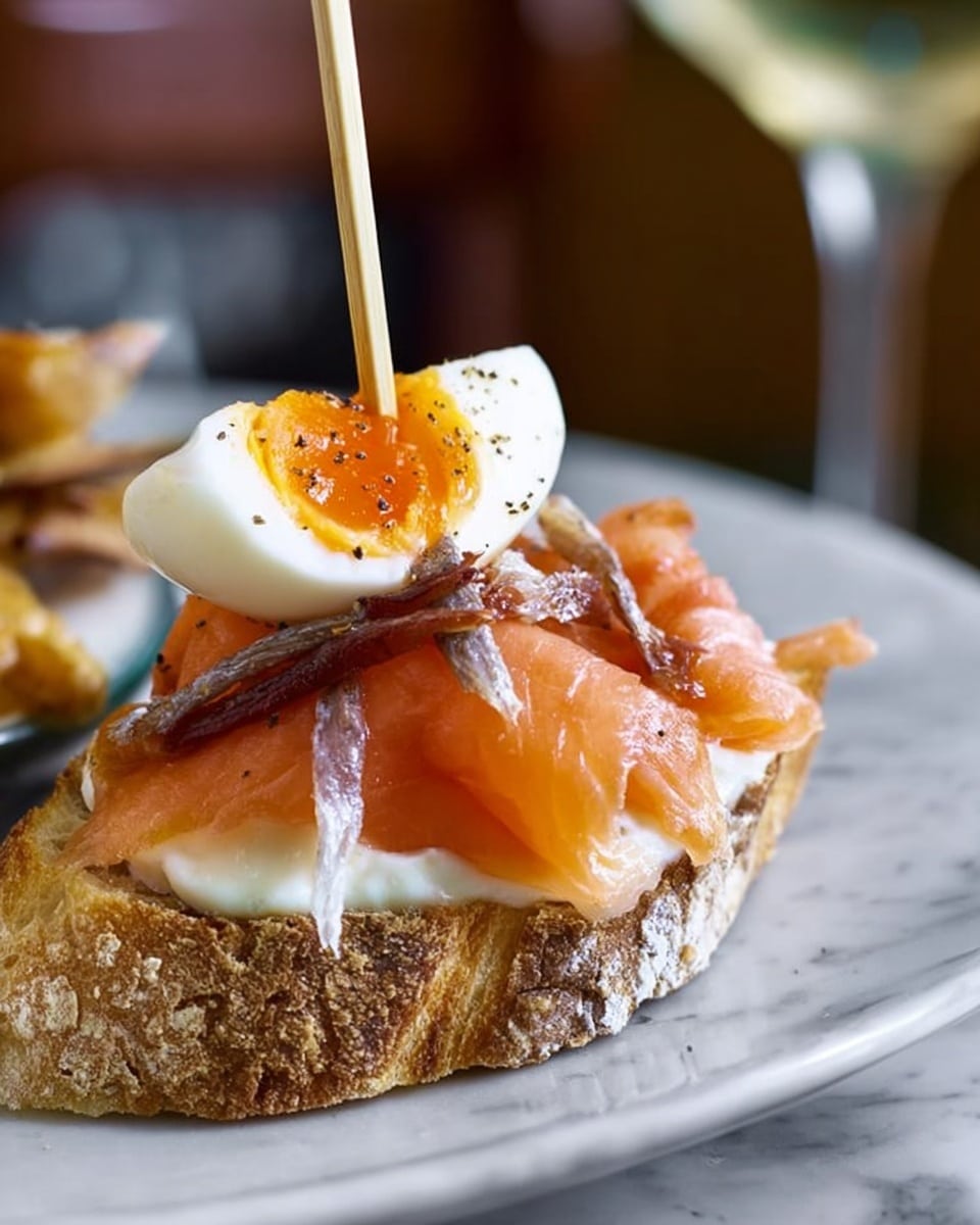 The image shows a close-up of a small open sandwich on a piece of crusty bread with a golden-brown color and rough texture. On top of the bread is a creamy white layer, followed by slightly folded thin slices of pink smoked salmon. Above the salmon is a soft boiled egg cut in half, revealing a bright orange yolk and firm white, garnished with small pieces of anchovies and a light sprinkle of black pepper. A wooden skewer sticks through all the layers, holding them together. The sandwich is on a white plate, placed on a white marbled surface, with a blurred wine glass in the background. Photo taken with an iphone --ar 4:5 --v 7