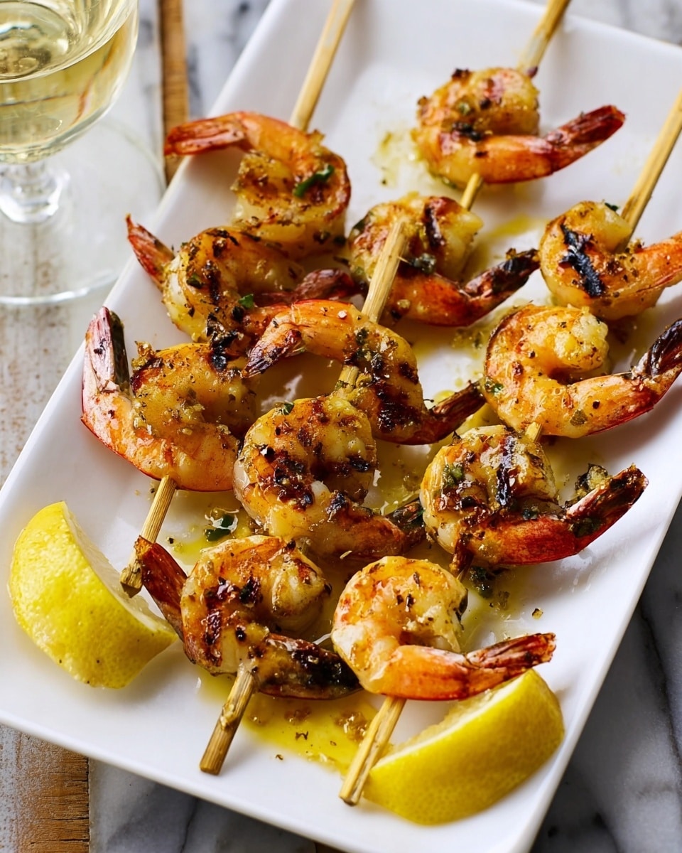 A white rectangular plate holds seven golden-brown grilled shrimp skewers. Each skewer has one shrimp that is curled, with char marks and a slight glaze of yellow oil or butter on and around them. The shrimp are arranged roughly in two rows, with lemon wedges placed on one side of the plate. The dish sits on a white marbled surface, and a clear glass with a drink is nearby. The image captures the warm colors and slight shine of the grilled shrimp, showing their texture clearly. Photo taken with an iphone --ar 4:5 --v 7