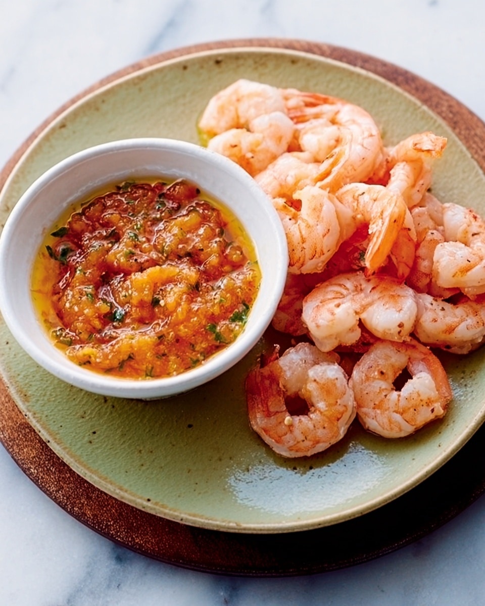 The image shows a white plate filled with a small pile of cooked shrimp on the right side, their shells removed and a pink-orange color visible with a soft and smooth texture. To the left on the same plate, there is a small white bowl holding a chunky orange sauce with visible bits of green herbs and a slightly oily surface. The plate is placed on a white marbled surface, and the lighting highlights the glossy texture of the shrimp and the sauce. Photo taken with an iphone --ar 4:5 --v 7