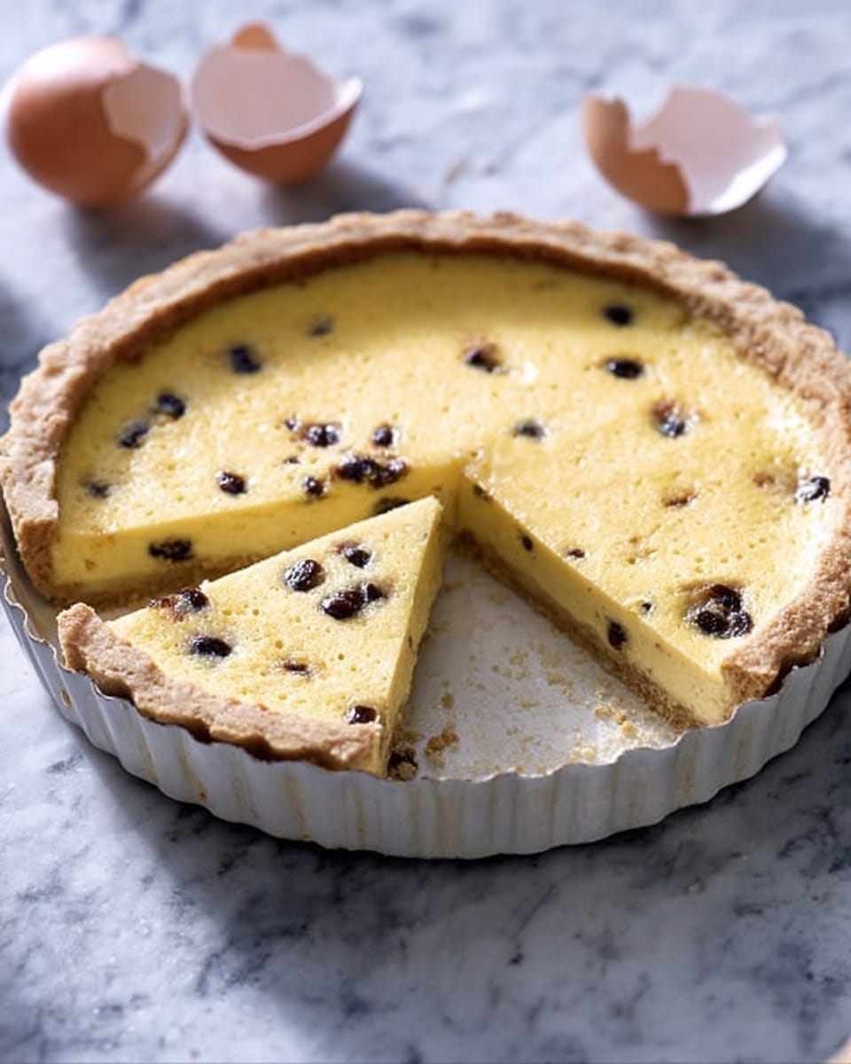 A round tart with a golden-yellow custard filling that has small dark raisins scattered throughout, sitting inside a fluted white tart pan. One slice is cut out, showing the creamy texture of the filling and a thin, light brown crust at the bottom and edges. The pan rests on a white marbled surface with soft, natural light falling on it, and cracked eggshells are blurred in the background. Photo taken with an iphone --ar 4:5 --v 7